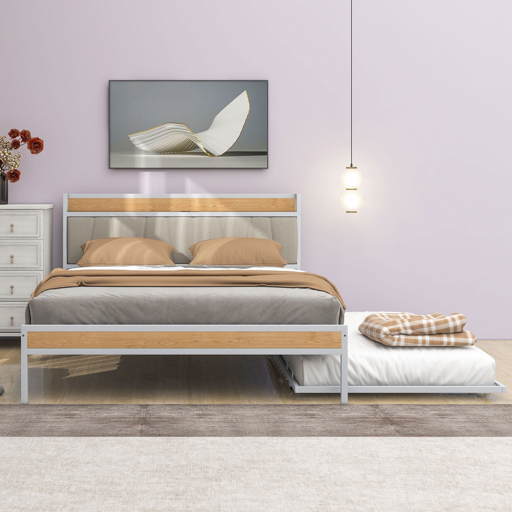 Platform Bed Frame With Trundle, USB Ports And Slat Support, No Box Spring Needed
