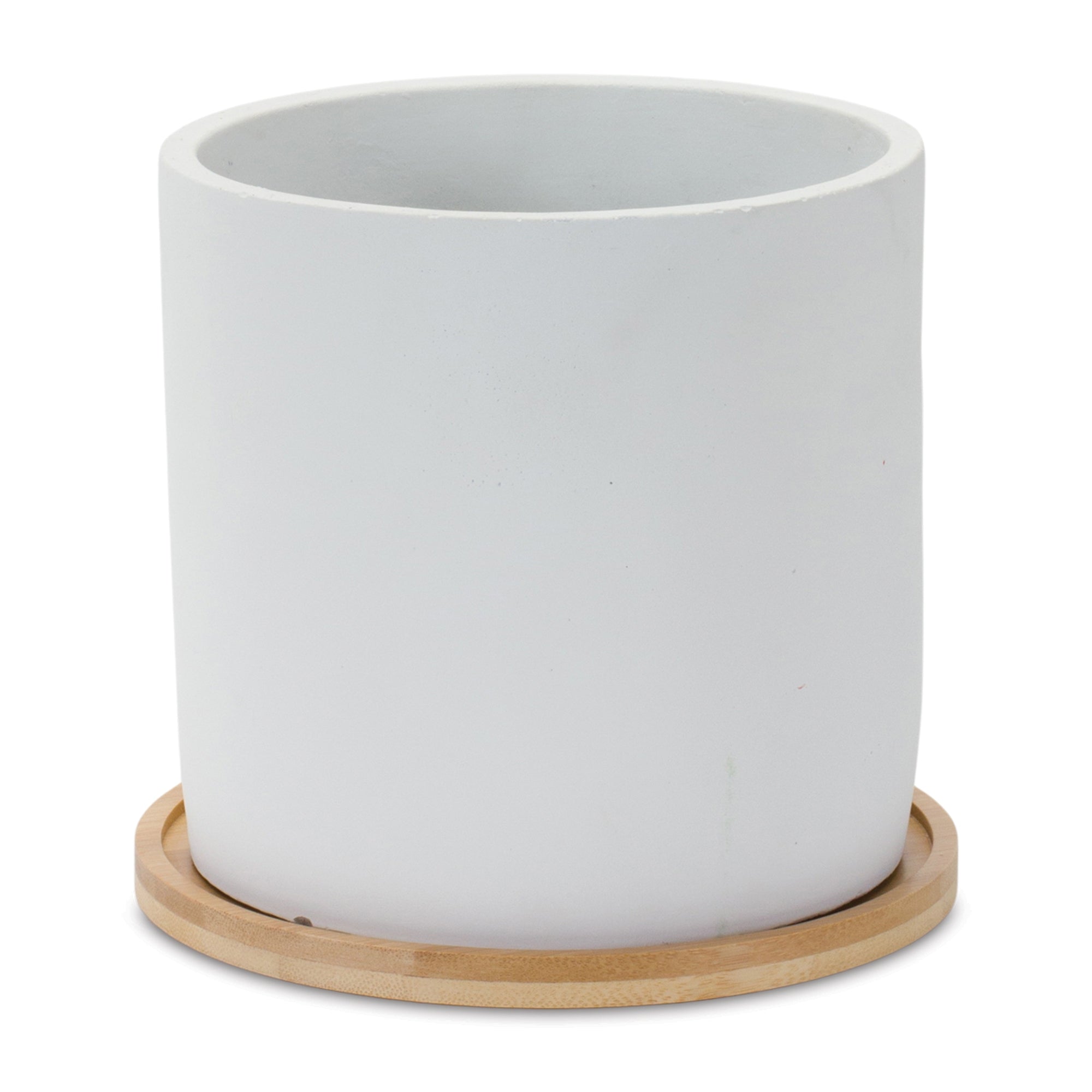 White Stone Planter with Wood Plate (Set of 2)