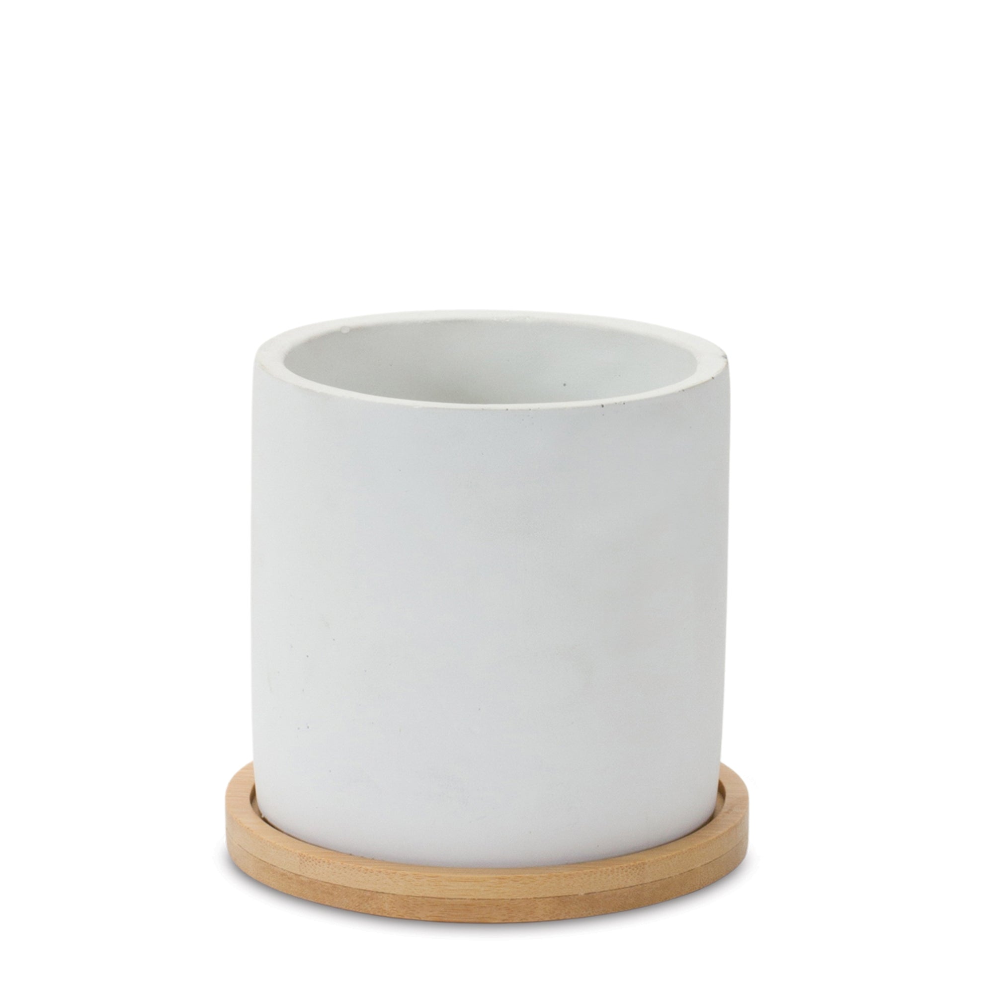 White Stone Planter with Wood Plate (Set of 2)