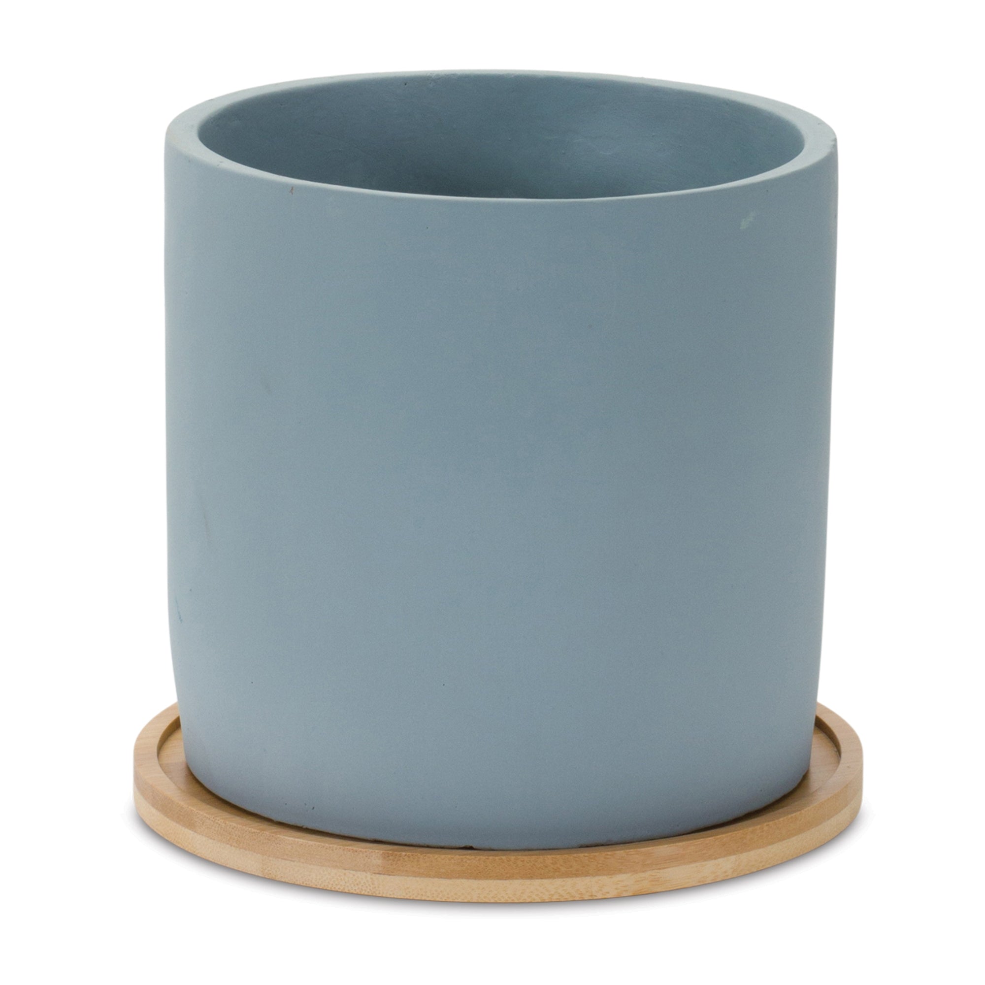 Blue stone planter with wood plate (set of 2)