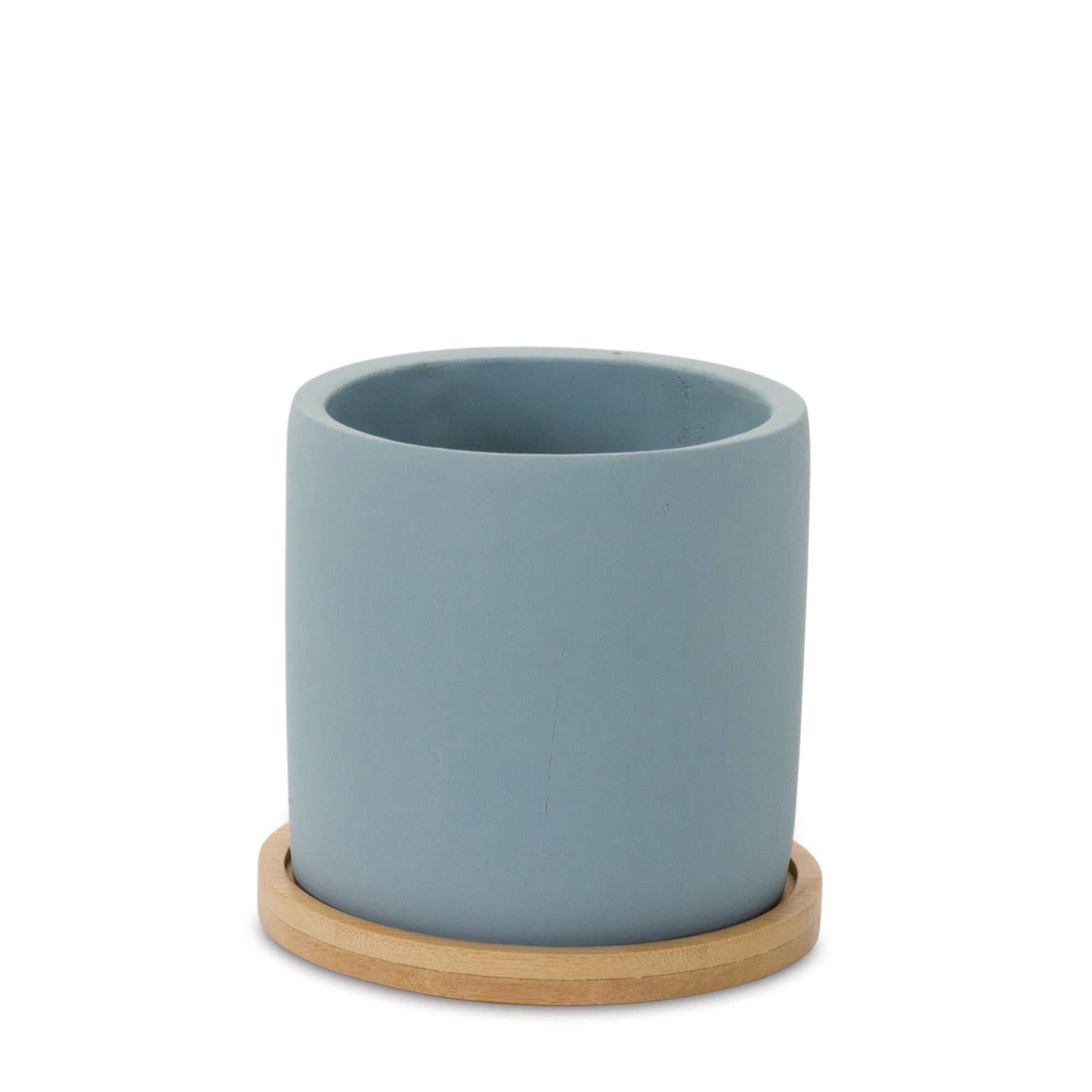 Blue stone planter with wood plate (set of 2)