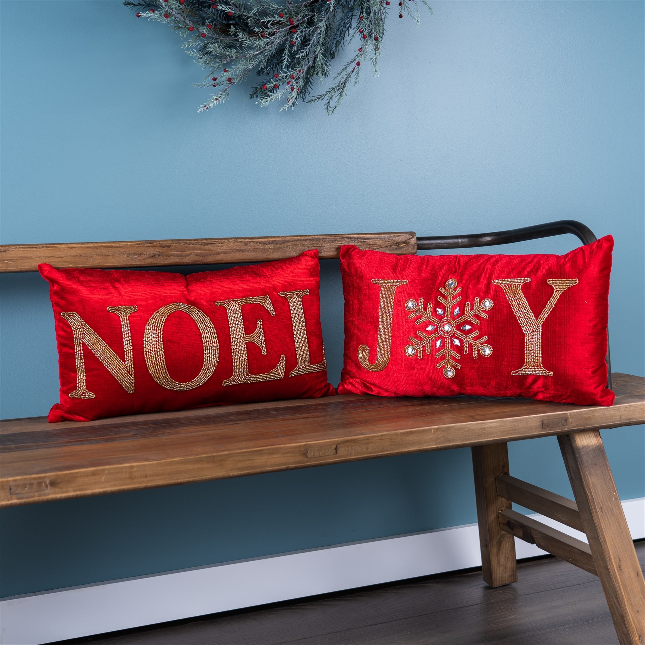 Beaded Joy and Noel Holiday Pillow (Set of 2)
