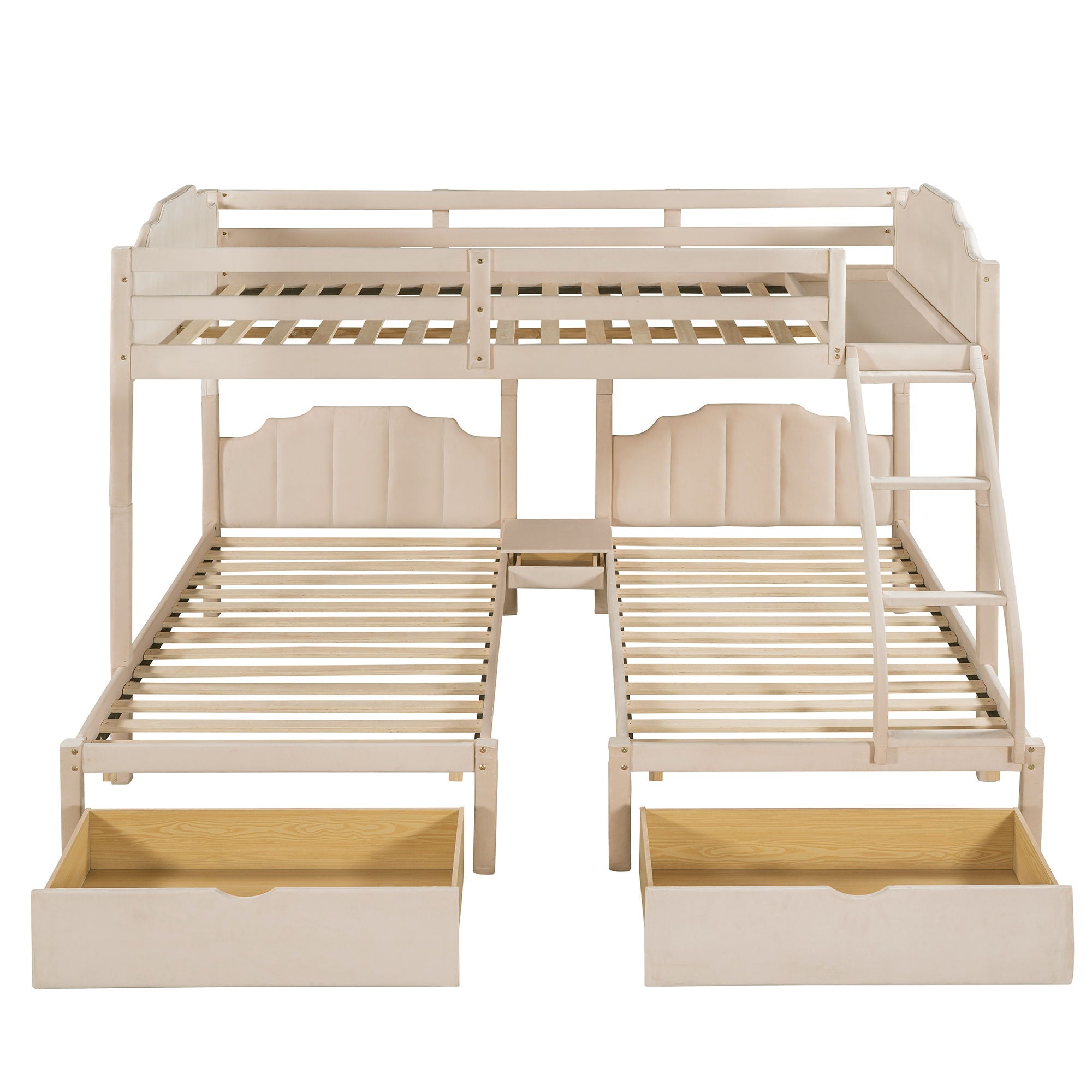 Bunk Bed, Triple Bed With Drawers And Guardrails