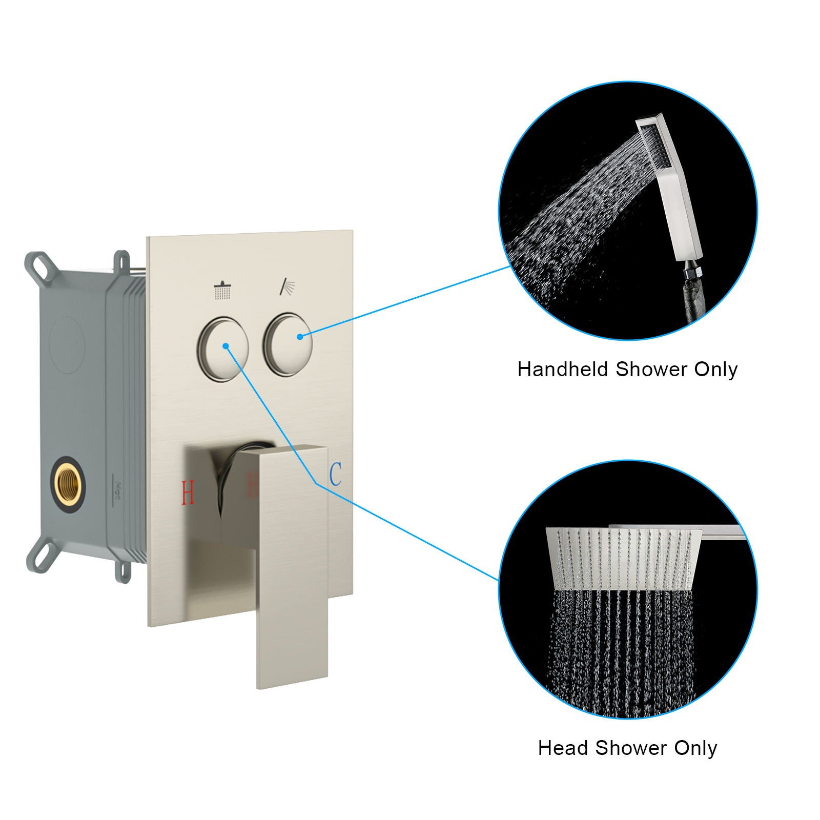 Dual Shower Head System With Square Rain Shower And Rough In Valve