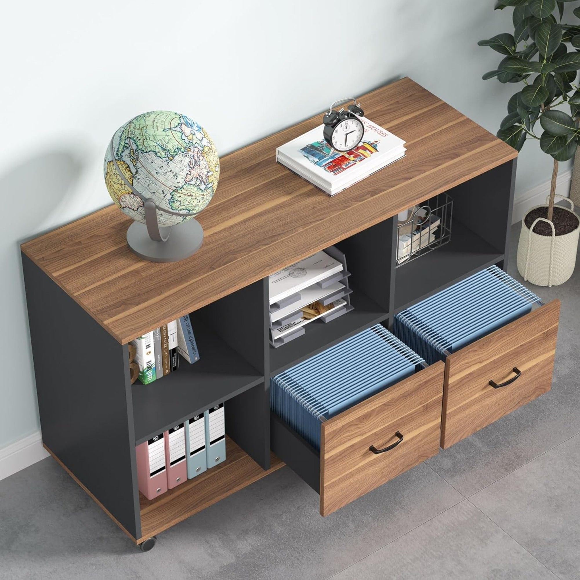L-Shaped Executive Desk With Mobile File Cabinet, Large Home Office Workstation With Drawers And Shelves - Brown / Black