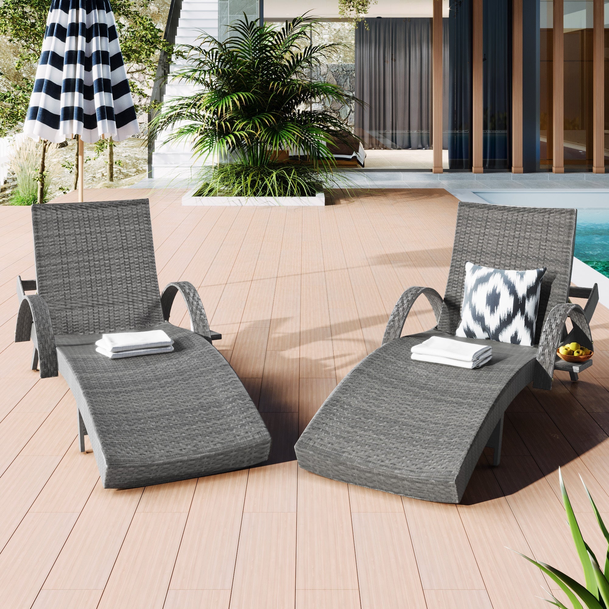 K&K 80" Outdoor Wicker Chaise Lounge Chairs Set of 2