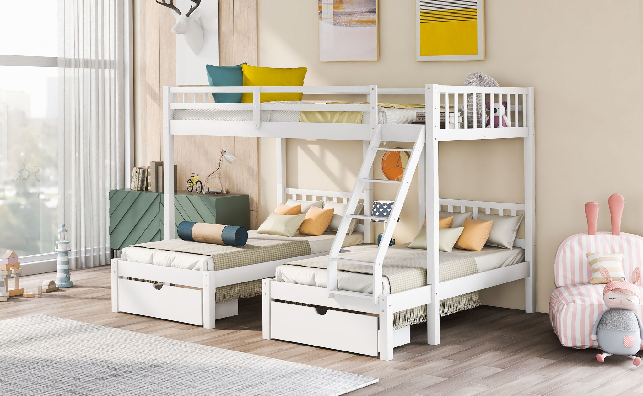 Triple Bunk Bed With Drawers And Guardrails