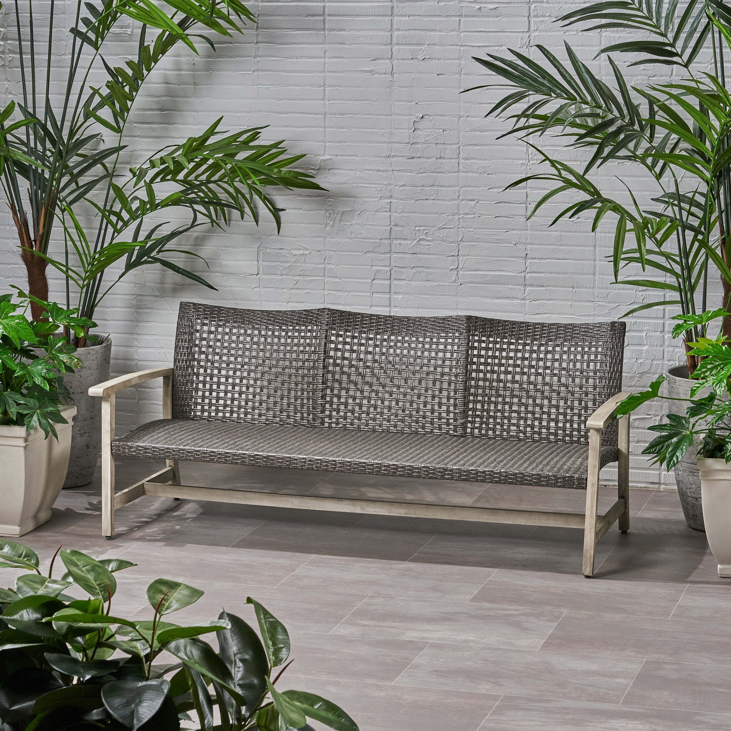 Outdoor Acacia Wood Wicker 3 Seater Sofa