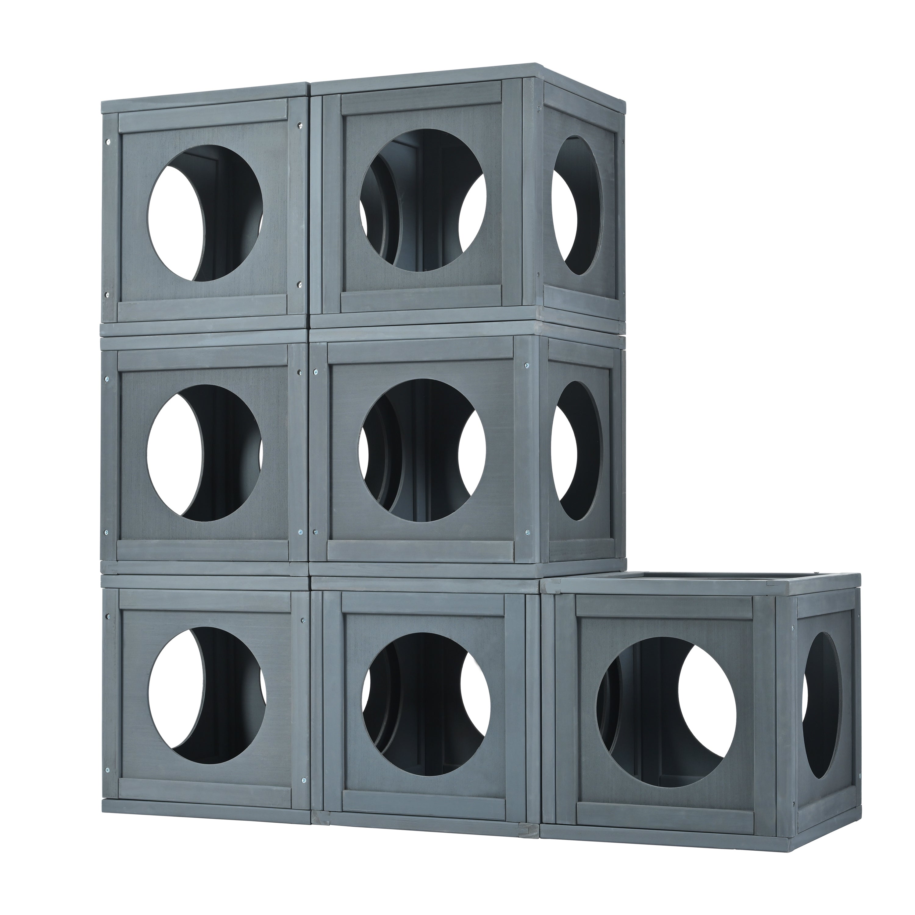 Grey Pine Wood Outdoor Cat House with Shelves and Weather Protection