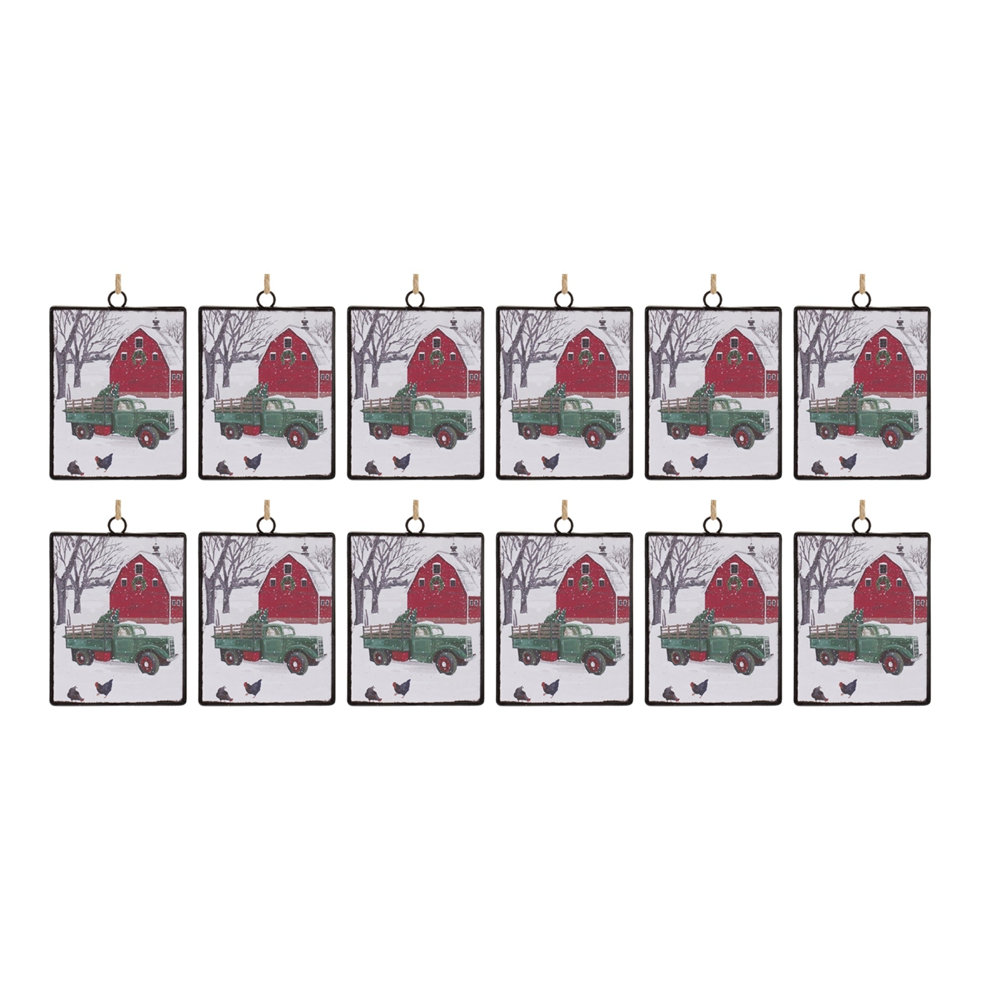 Glass Truck and Barn Ornament (Set of 12)