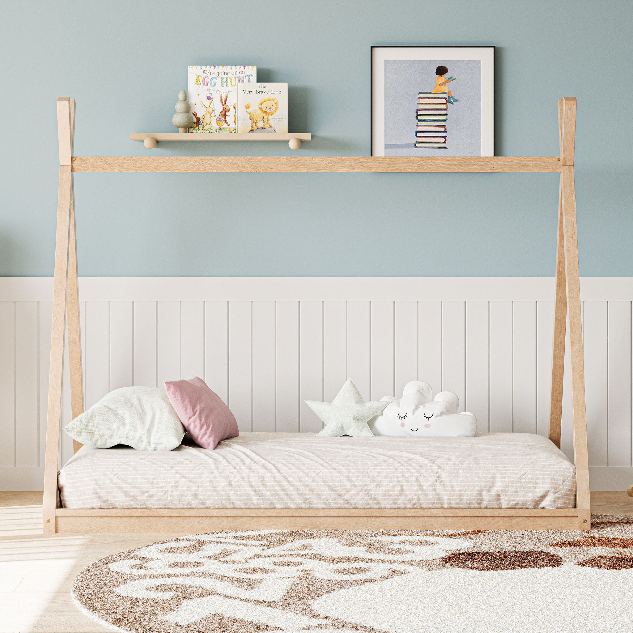 Wood Tent Bed For Kids, Montessori Style Low - Floor Bed, House-Shape Tent Bed Frame