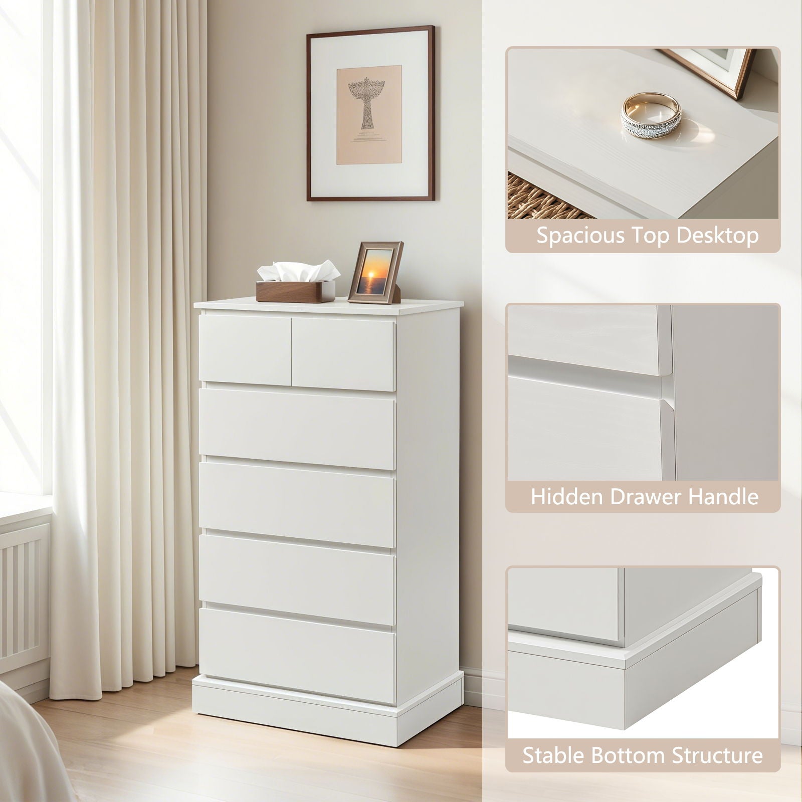 6 Drawer Tall Dresser With Concealed Handles, Vertical Storage Cabinet For Bedroom - White