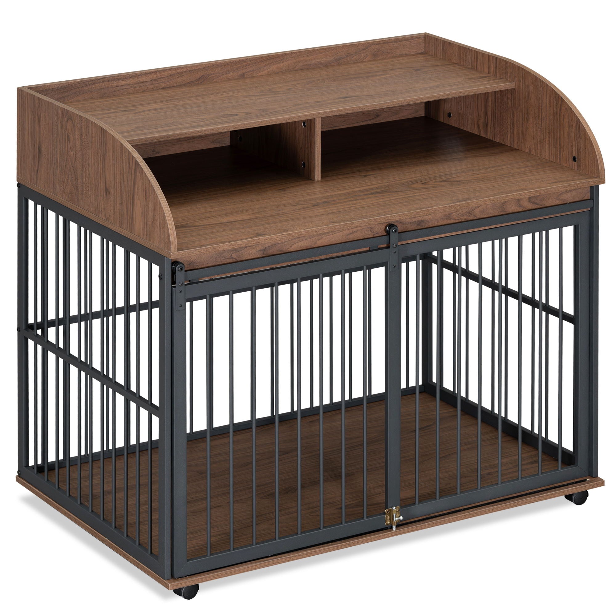Heavy Duty Dog Crate Furniture For Medium Dog With Lockable Wheels, Wooden Dog Crate Dog Kennel, End Table Crate With Double Layer Storage