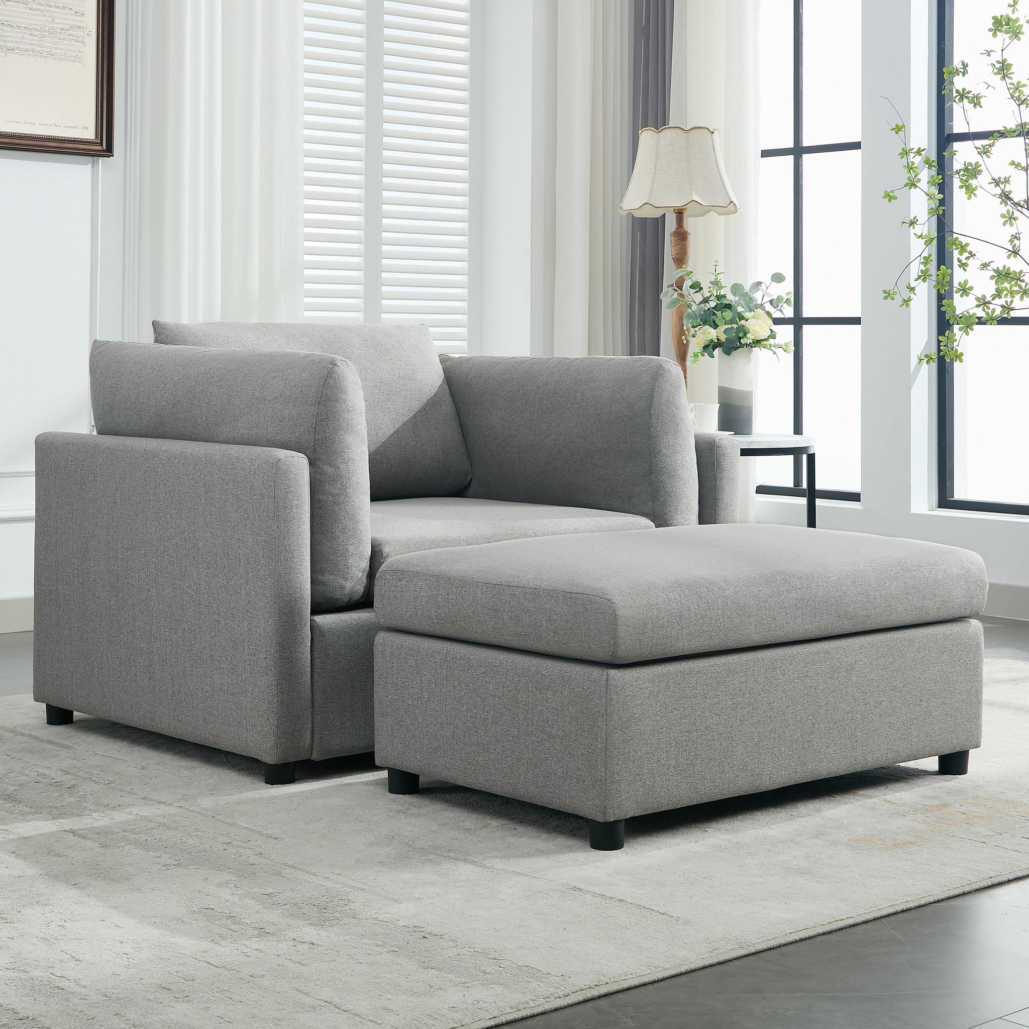 Wide Modern Oversized Armchair With Ottoman Stool, Single Sofa With Lumbar Support, Accent Chair