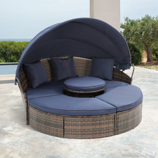Modern Outdoor Sofa Bed Rattan Round Lounge With Canopy with lift coffee table