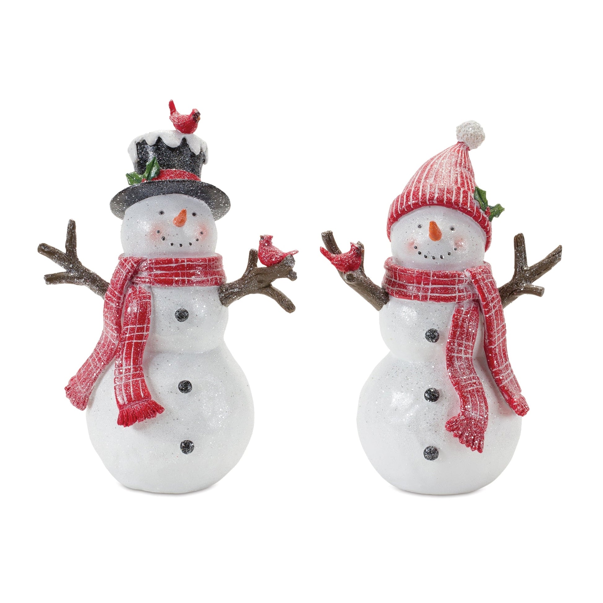 Snowman-with-Cardinal-Birds-Figurine-(Set-of-2)-Christmas-Decor