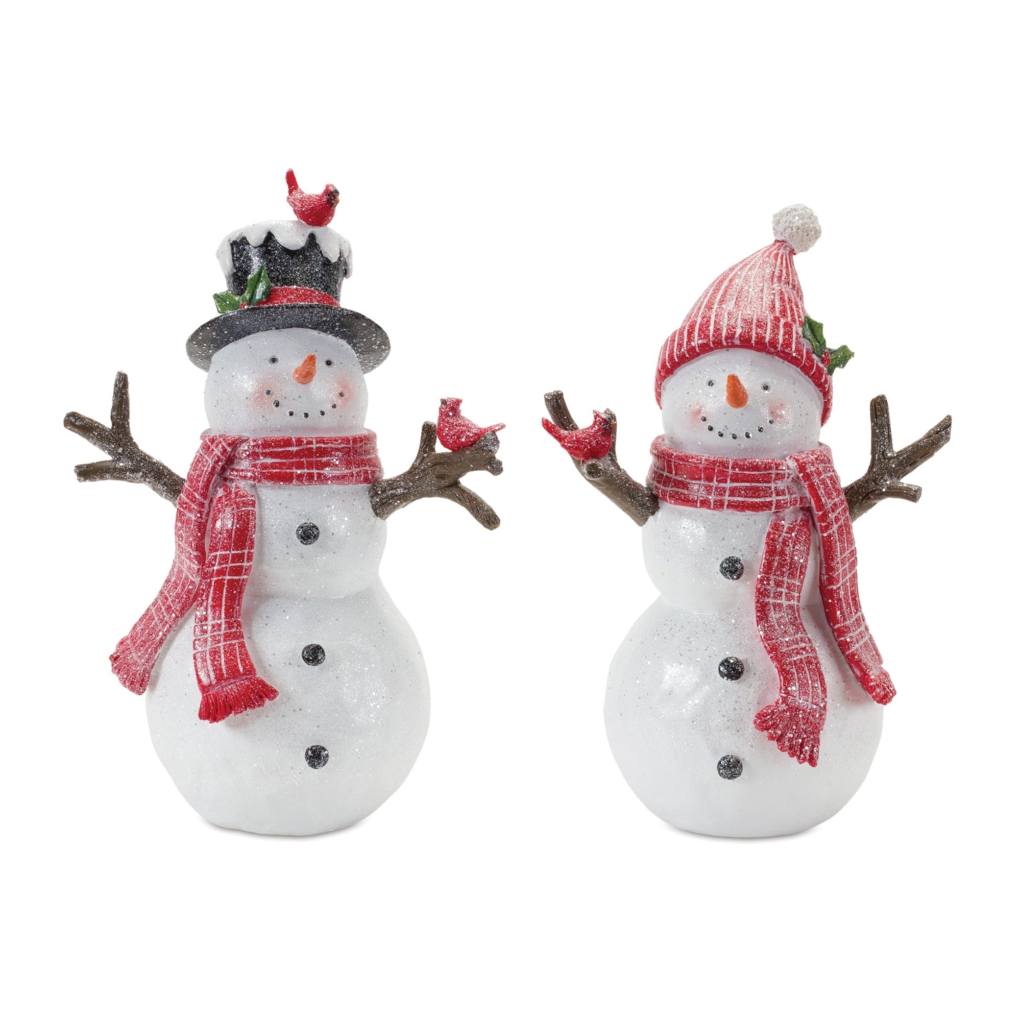 Snowman-with-Cardinal-Birds-Figurine-(Set-of-2)-Christmas-Decor