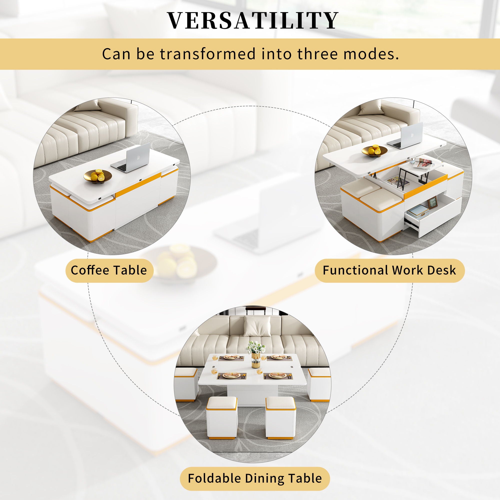 Multi Functional Adjustable Coffee Table With 4 Storage Stools