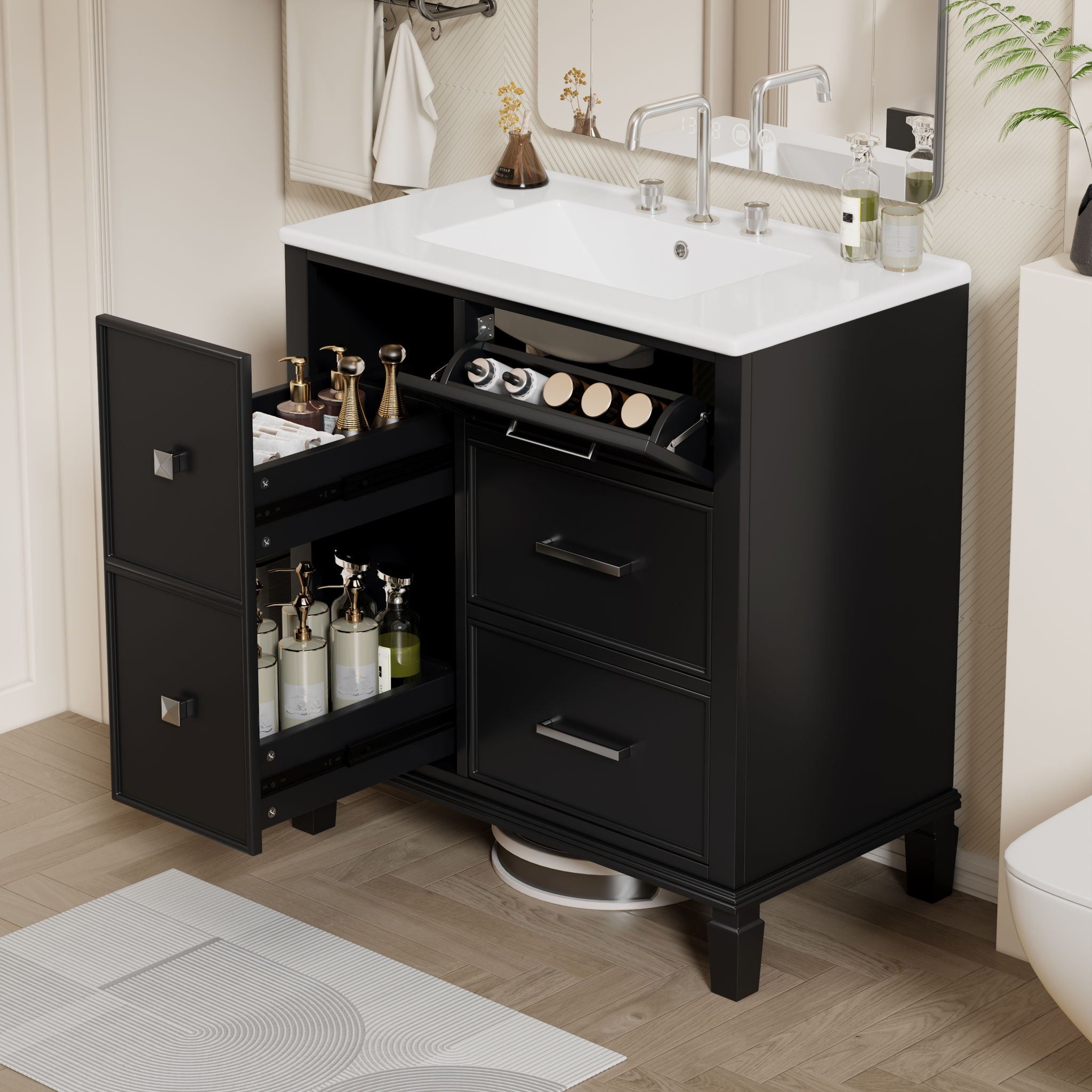 Bathroom Vanity With Ceramic Sink, Flip Out Drawer Design For Plumbing, Soft Close Drawers