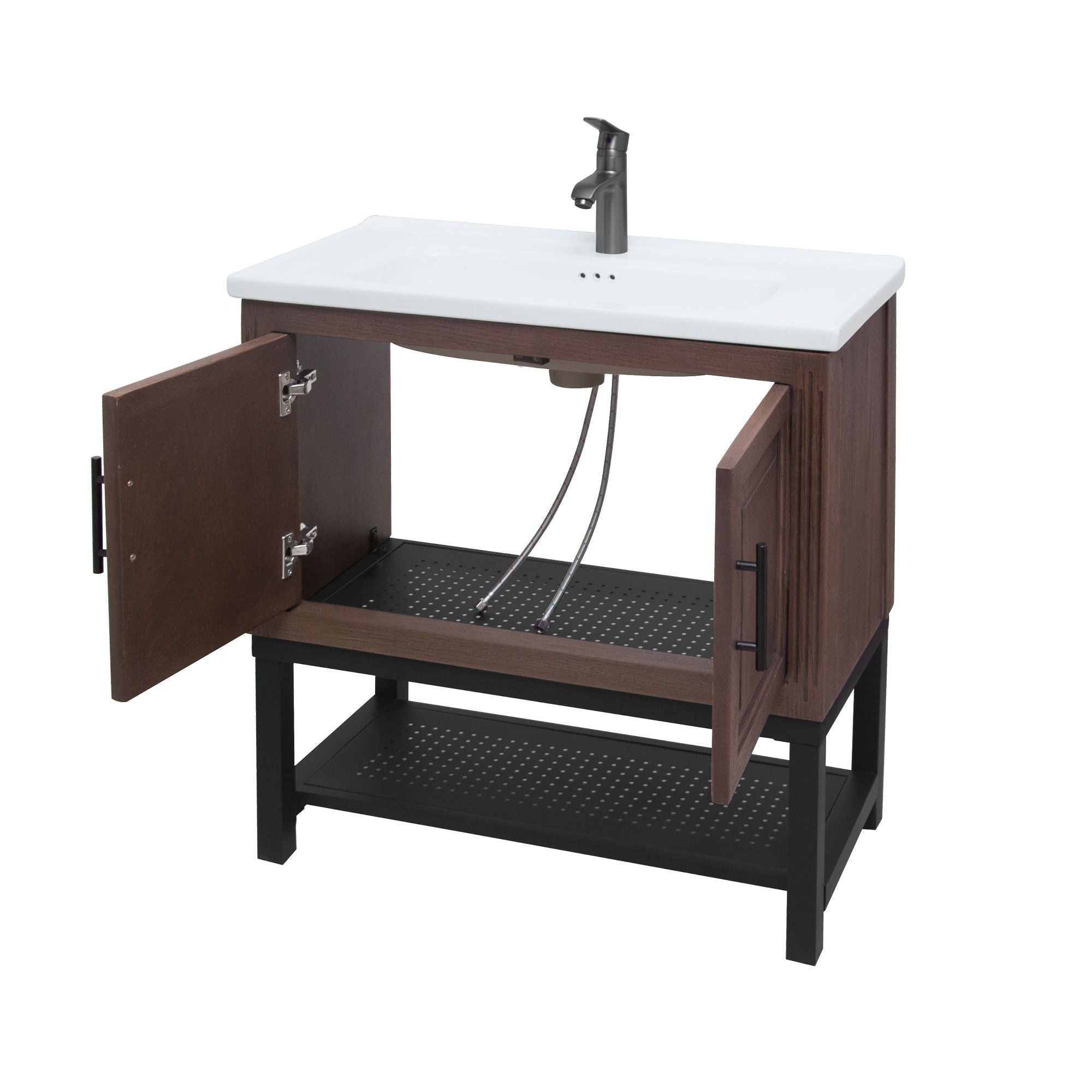 Modern Freestanding Bathroom Vanity With Ceramic Sink, Hot And Cold Faucet, Storage Cabinet & Open Shelf
