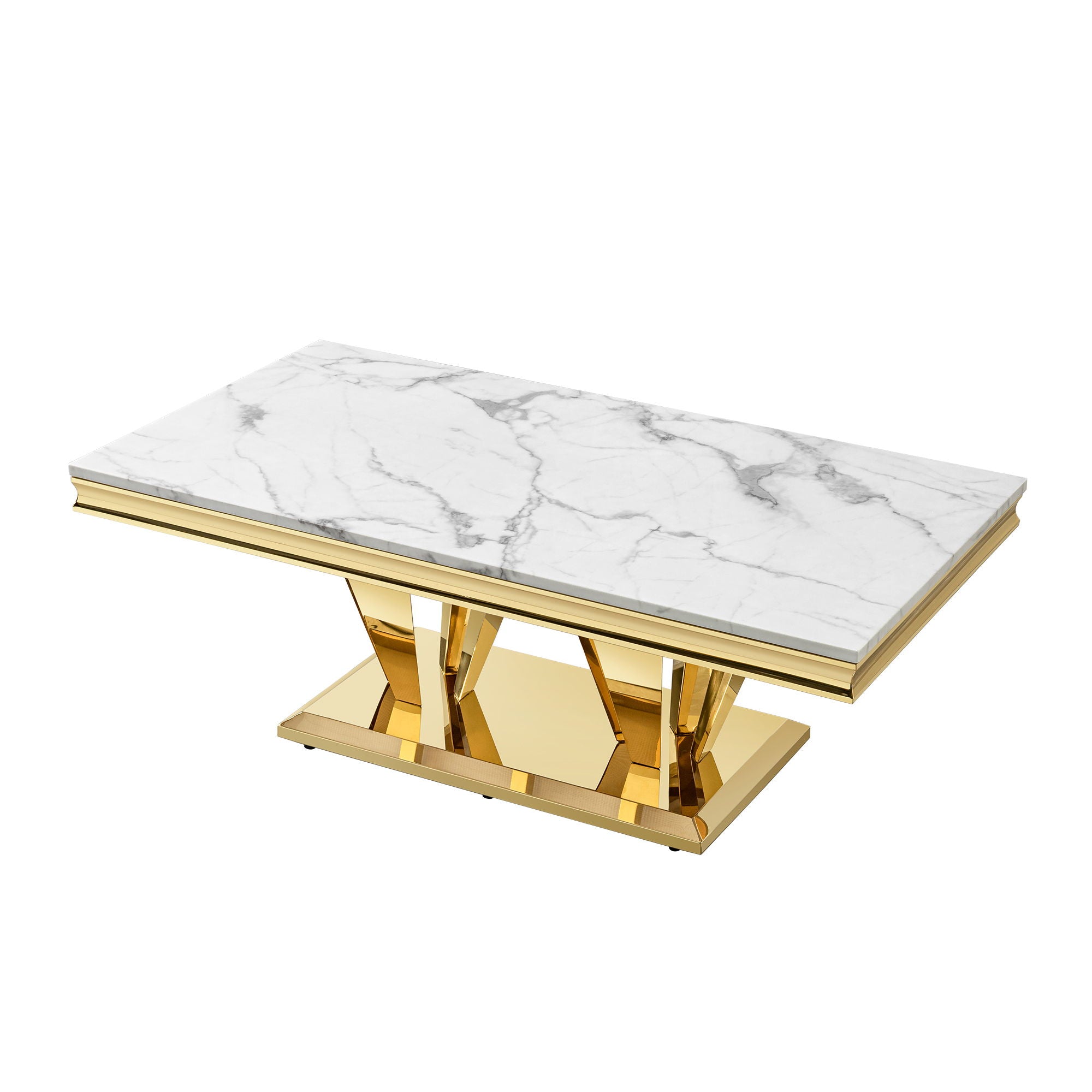 Modern Rectangular Coffee Table With Marble Pattern Top, Stainless Steel Base - Gold