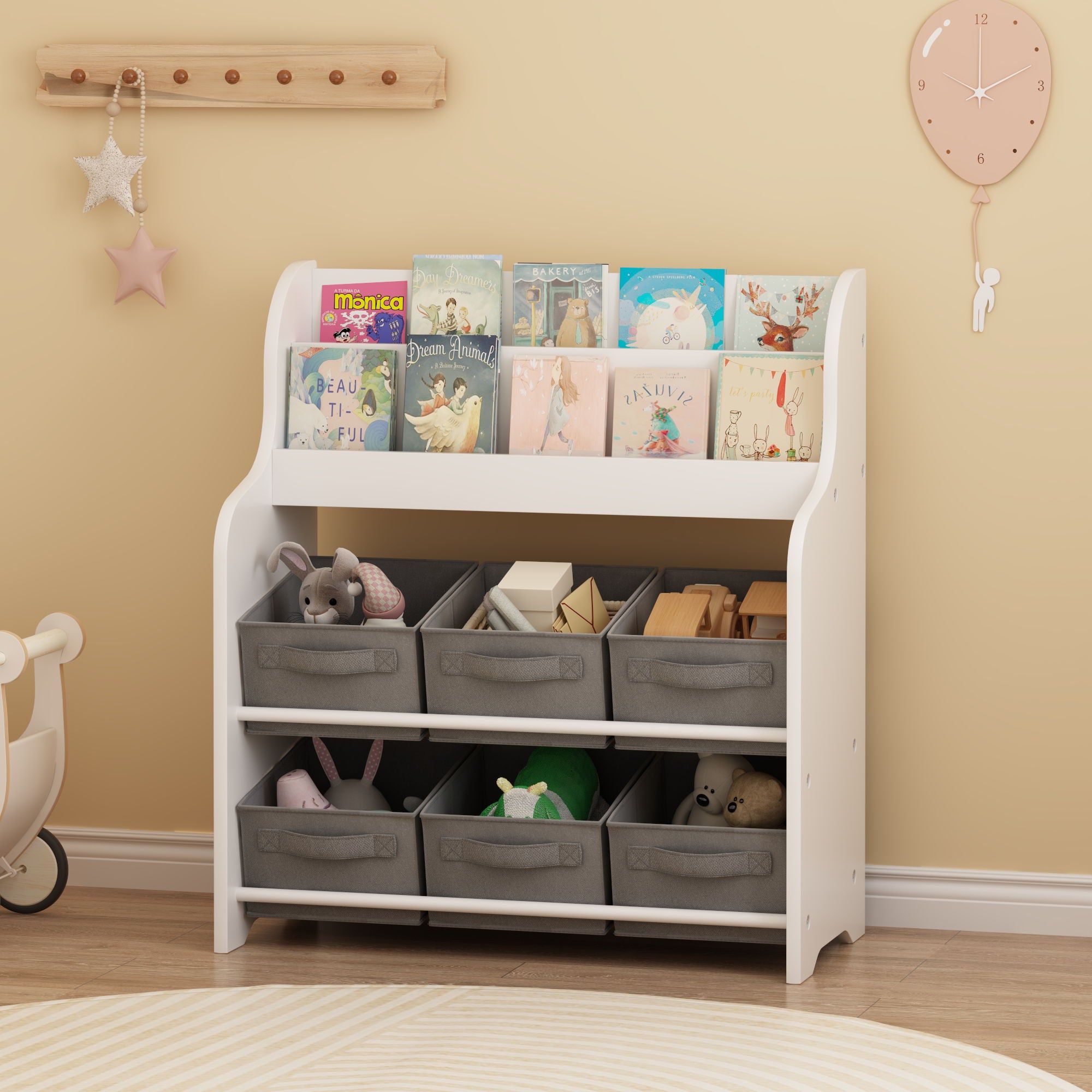 Bookshelf With 6 Storage Bins, Multi Functional Children's Bookcase And Toy Organizer - White