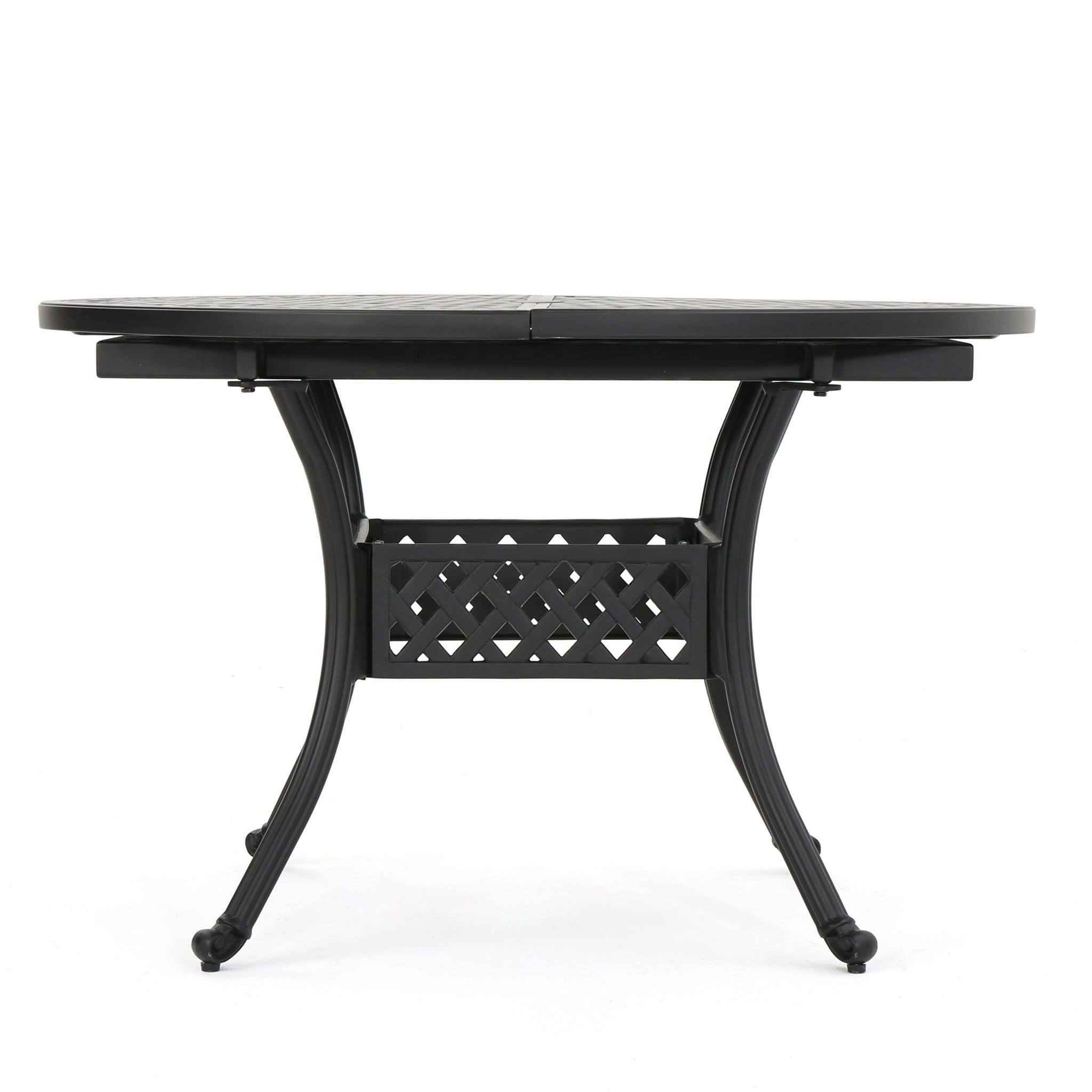 Outdoor Expandable Aluminum Dining Table With Latticework Details And Curvy Legs