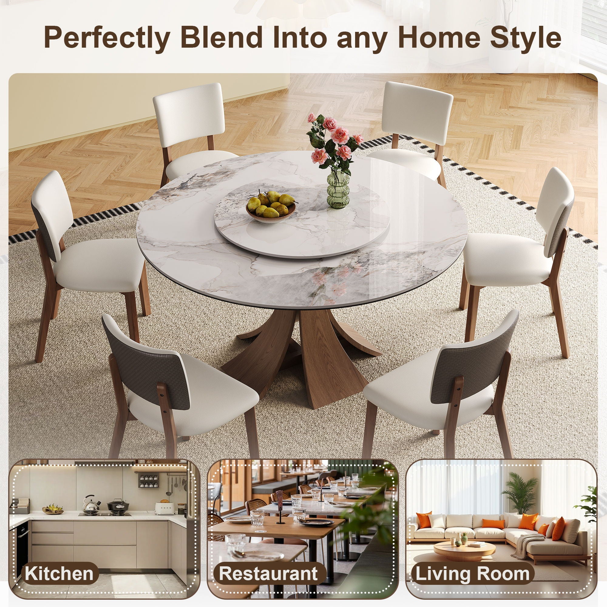 Dining Table Set With Round Turntable, Seats 6 - 8 - White