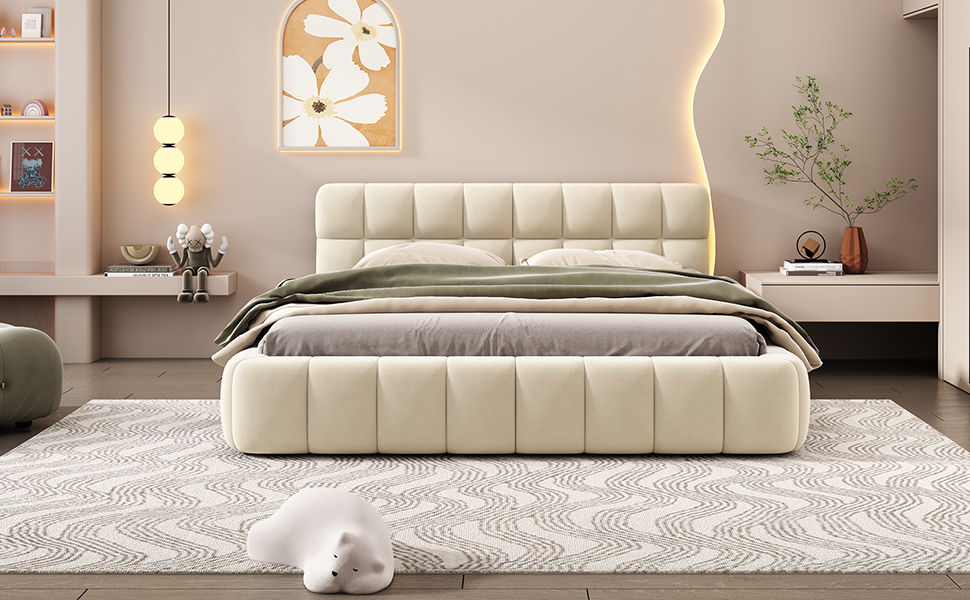 Upholstered Platform Bed With Thick, Grounded Bed With Solid Frame