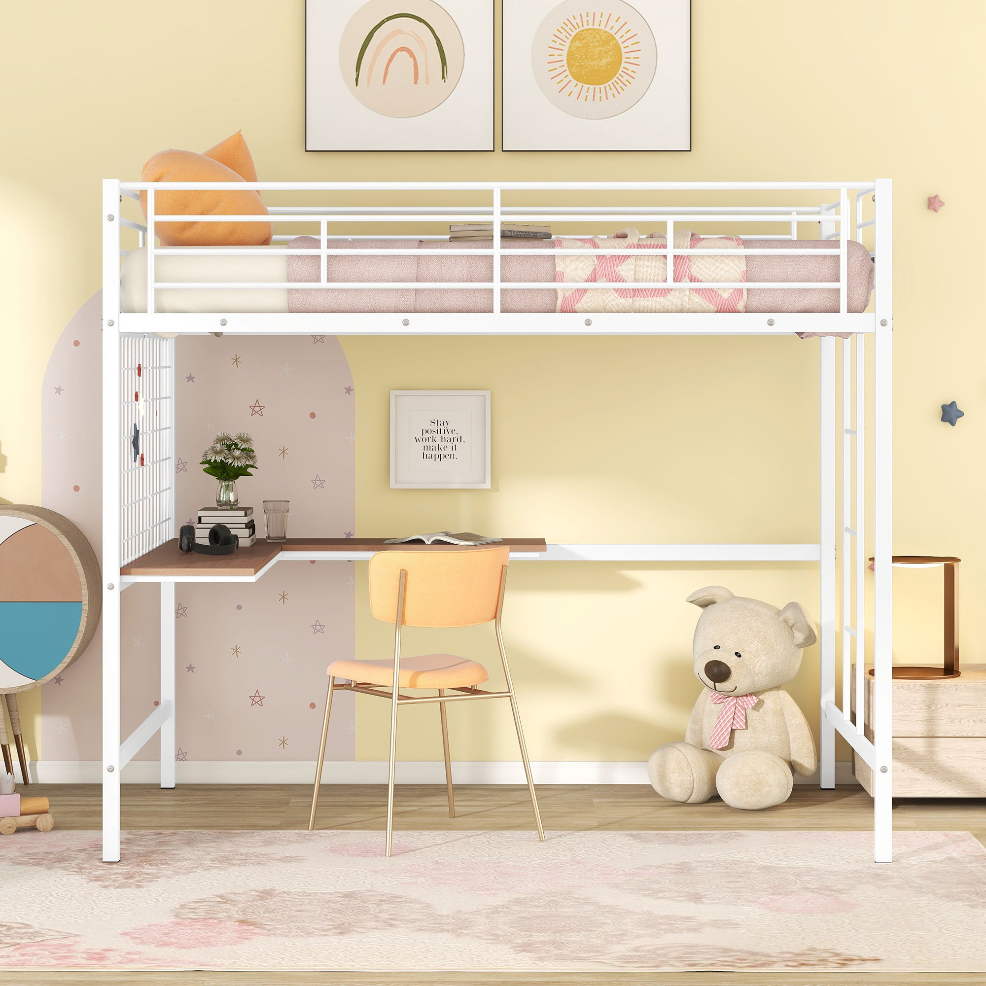Full Loft Bed With Desk And Grid - White