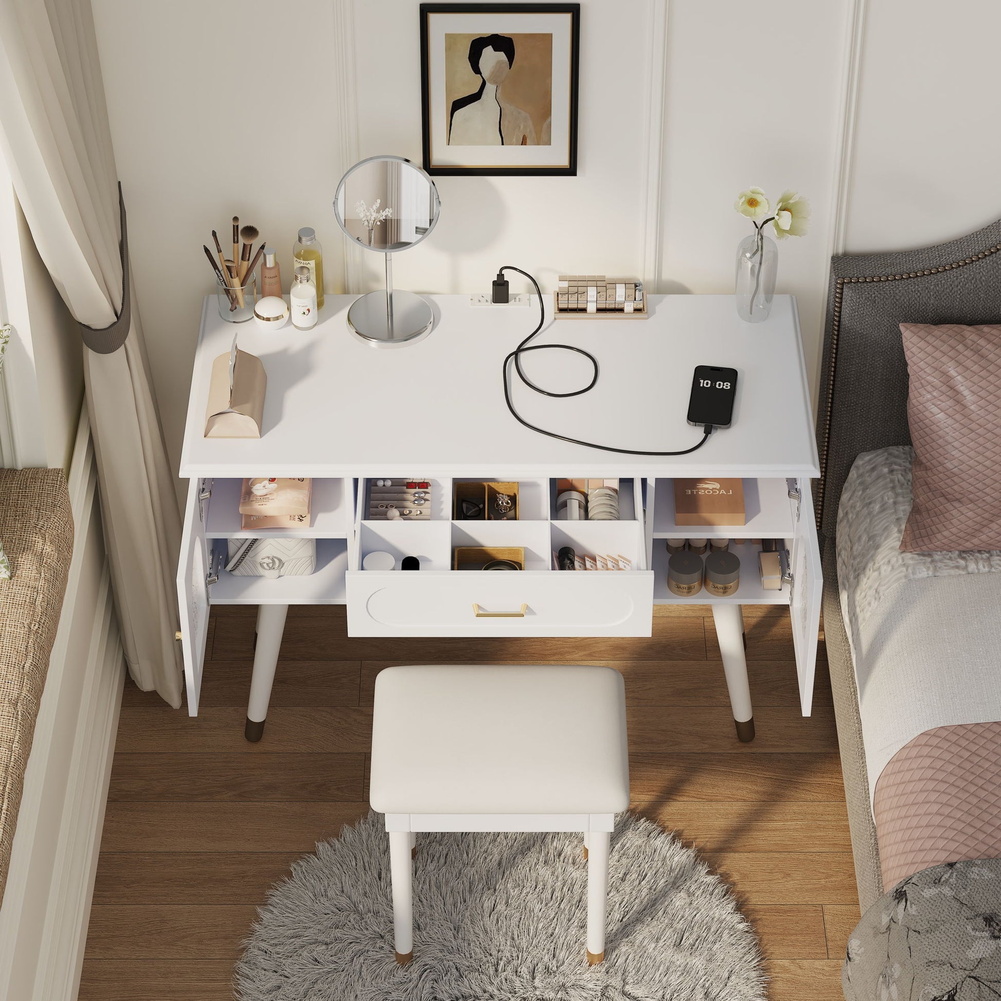 Elegant Vanity Makeup Table & Chair Set Modern Dressing Table With Organizer Writing Desk Charging Port Engineered Wood - White - Best Buy Furniture