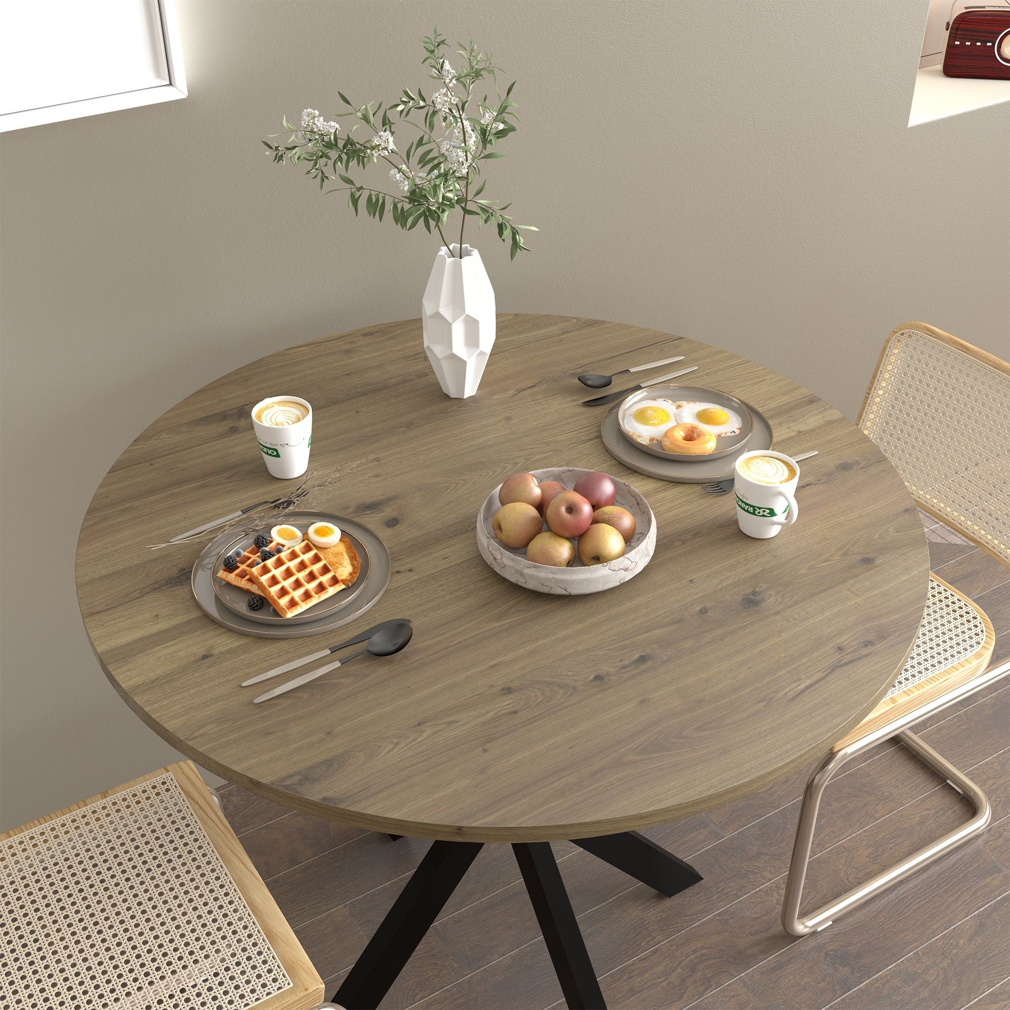 Round Dining Table For 2 - 4 People, Compact Kitchen Or Dining Room - Rustic Brown
