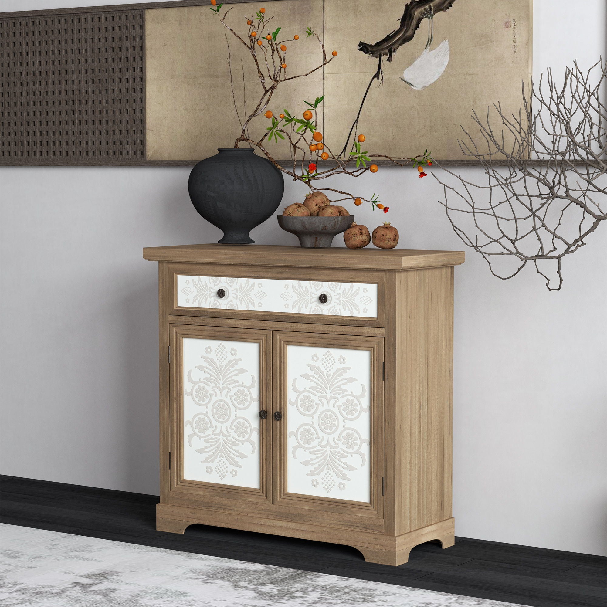 Accent Cabinet With Carved Floral Panels, Sideboard With Drawer And Double Doors - Antique Brown / White