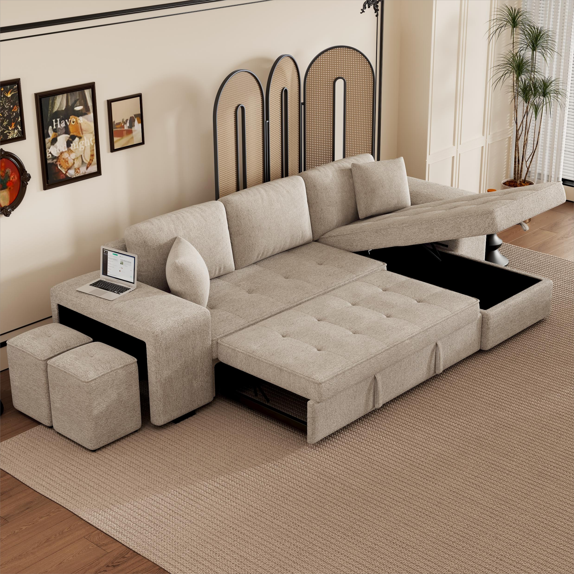 Modern Cream L-Shape Reversible Sectional Sofa with Storage Chaise
