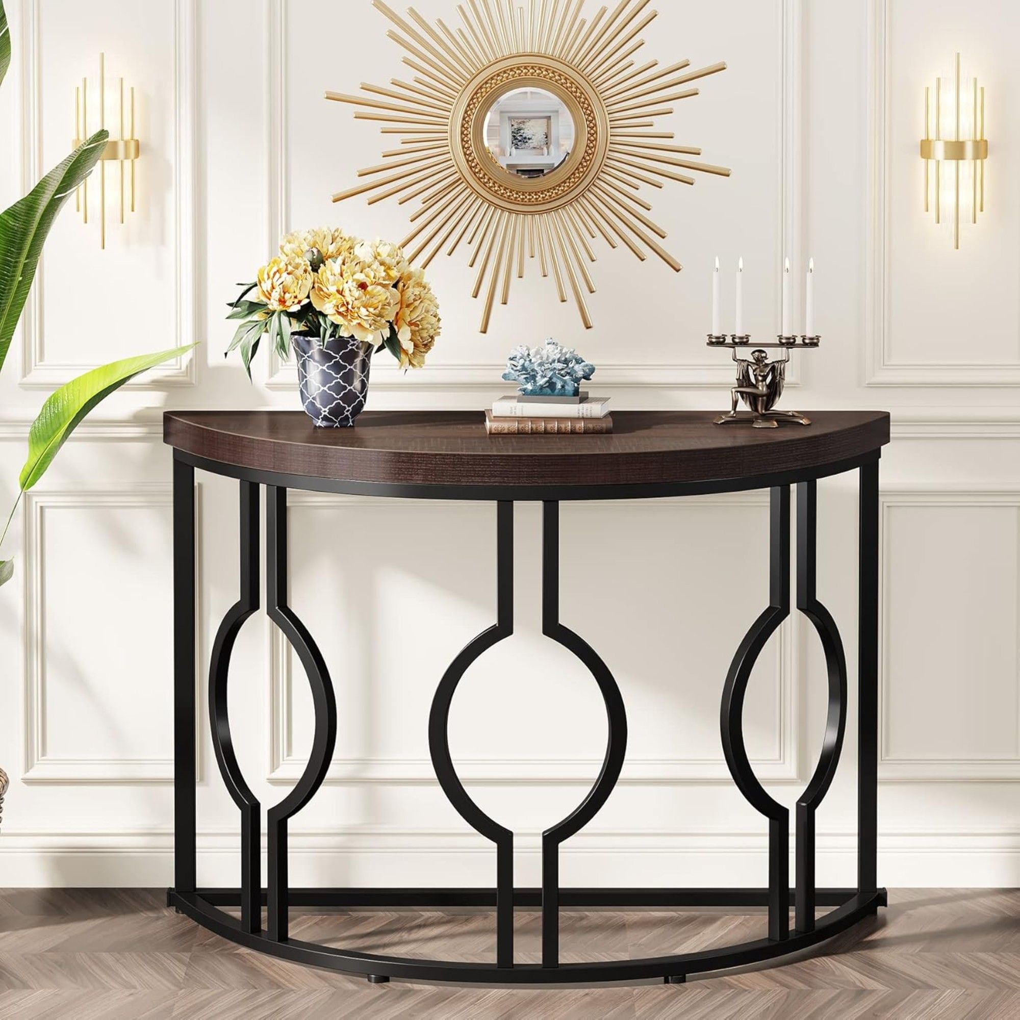 Semi Circle, Half Moon Console Table For Entryway With Geometric Base For Living Hallway - Rustic Brown