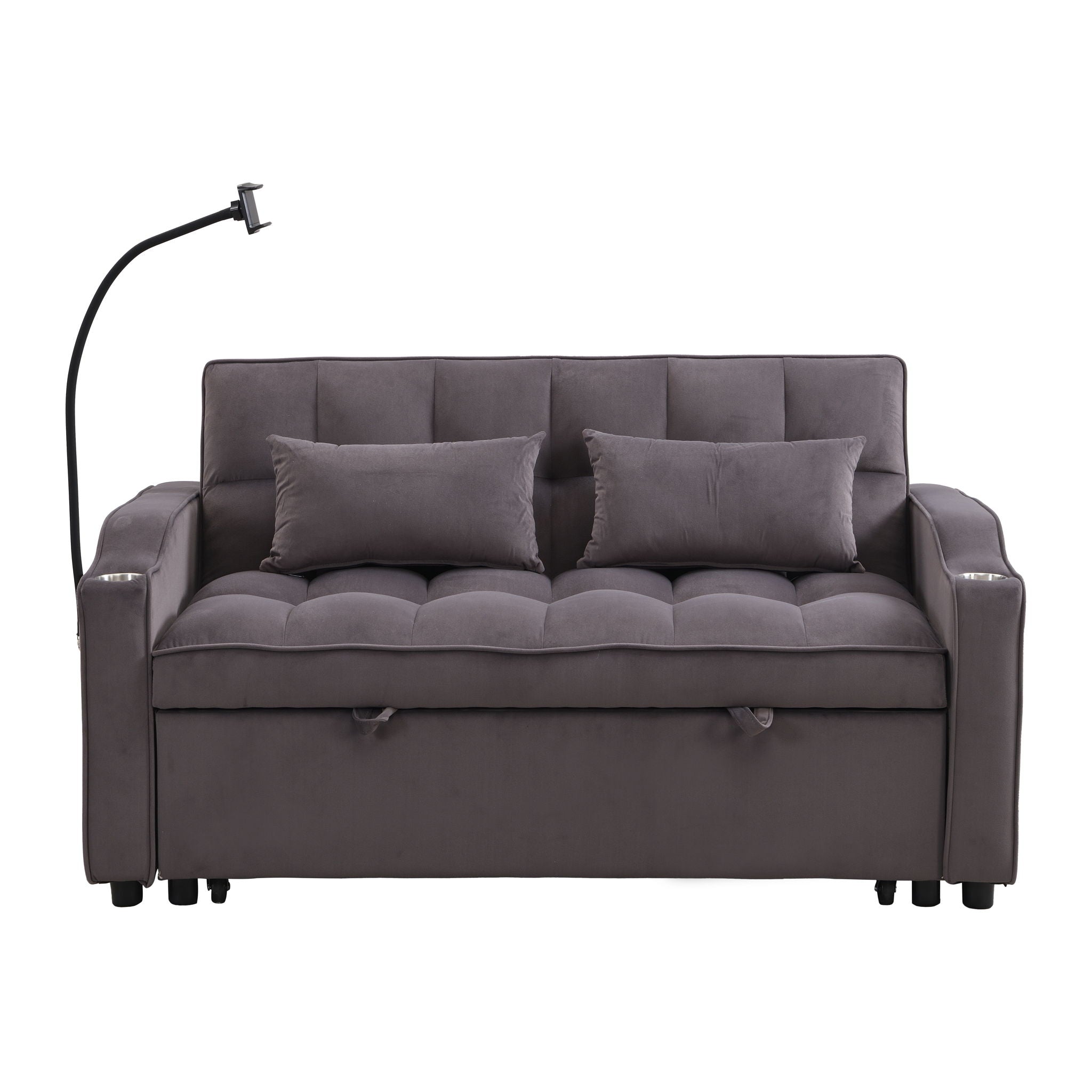Modern Velvet Loveseat With Pullout Bed, Adjustable Reclining Backrest
