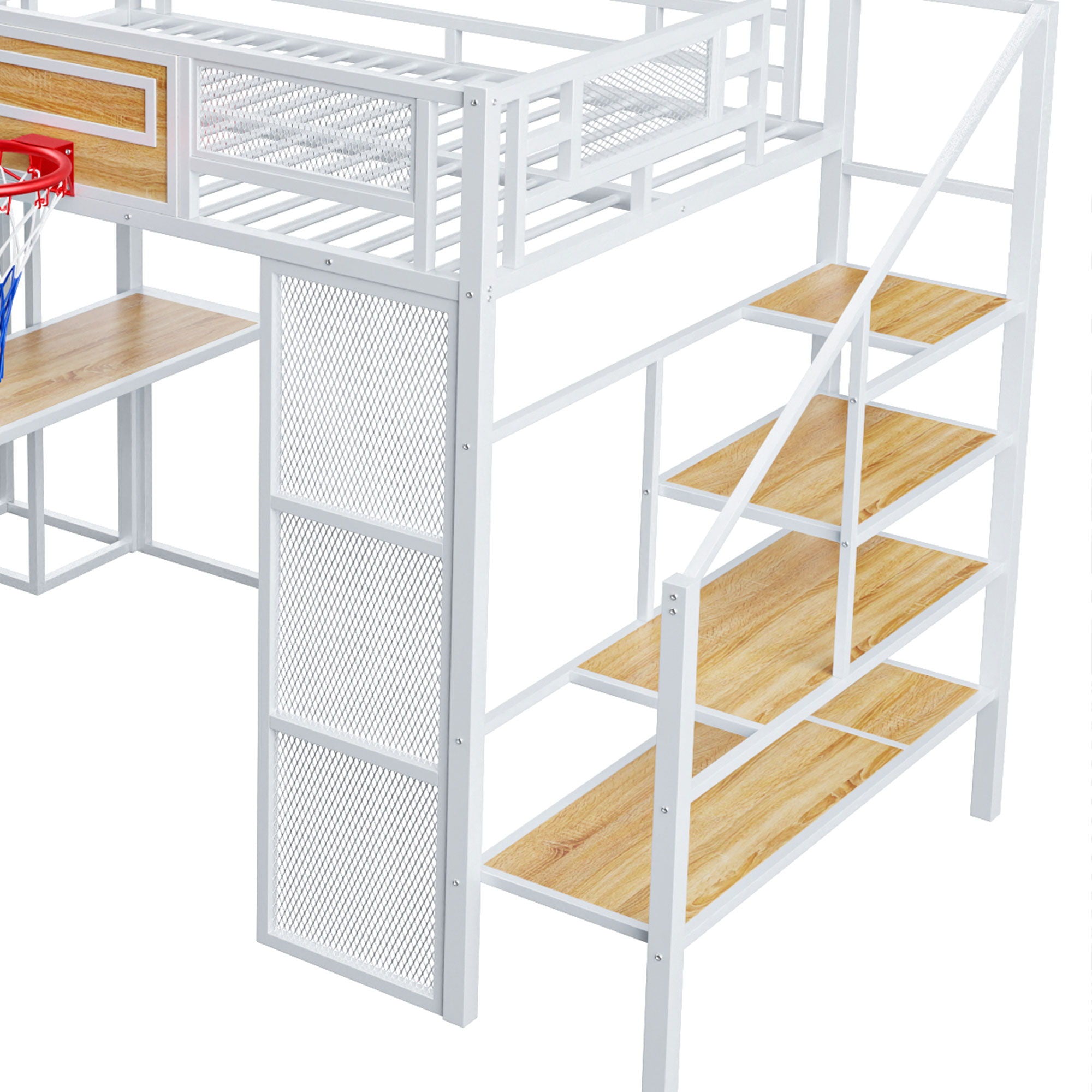 Loft Bed With Built In Desk, Open Wardrobe, Basketball Hoop, Slide And Staircase