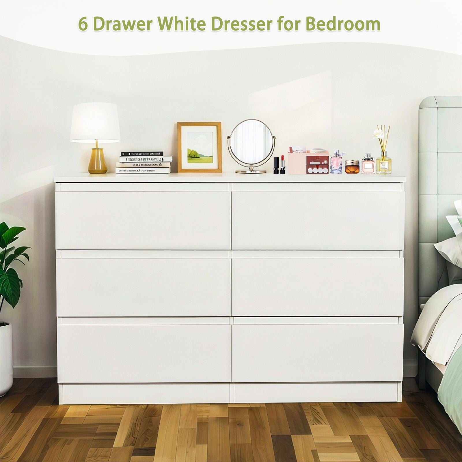Modern 6 Drawer Dresser With Spacious Countertop And Concealed Handles, Storage Cabinet For Bedroom And Living Room - White