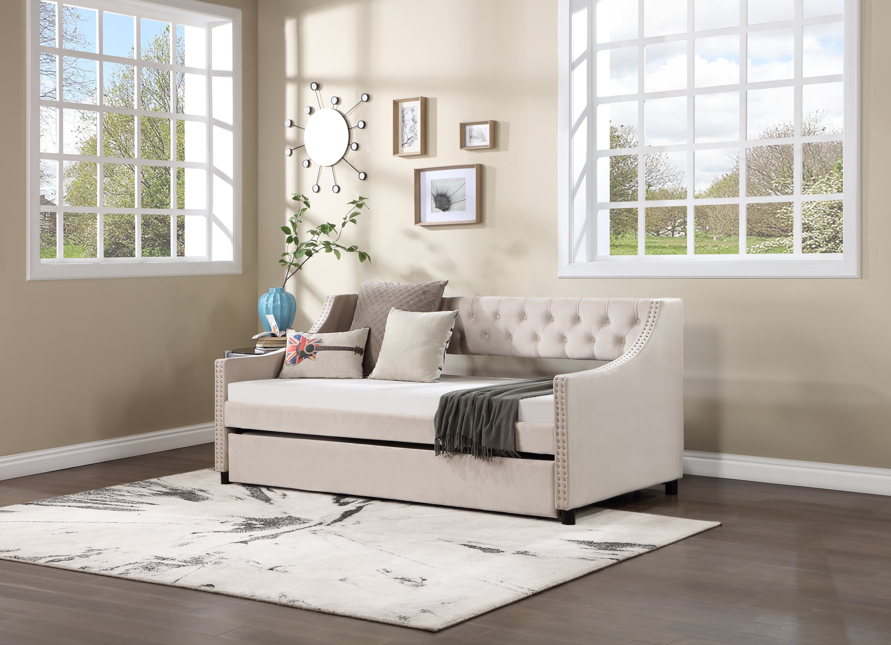 Daybed with Trundle Upholstered Tufted Sofa Bed Arms Full Size Beige