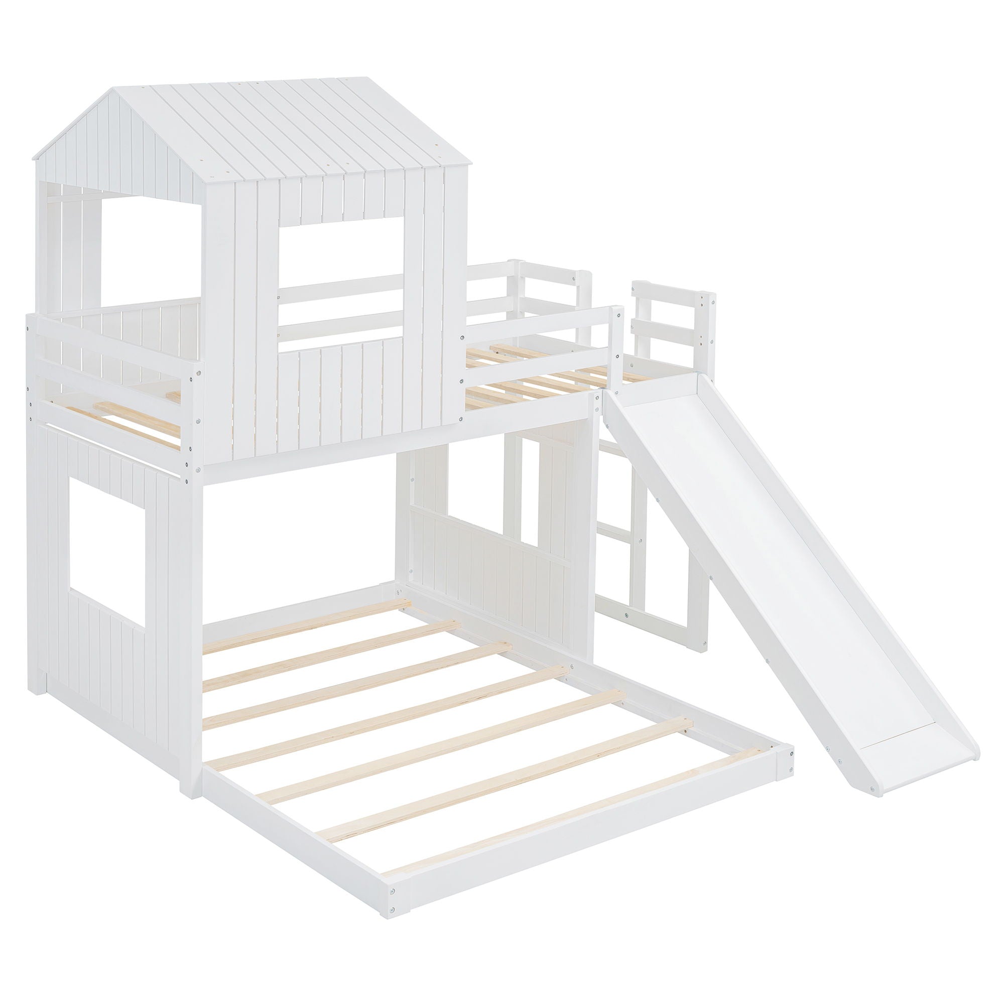 Loft Bunk Bed With Playhouse, Farmhouse, Ladder, Slide And Guardrails