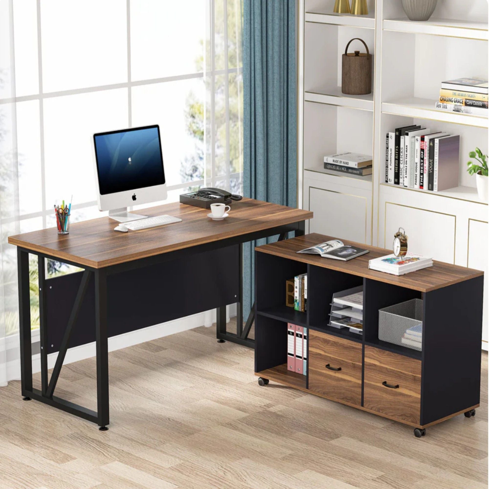 L-Shaped Executive Desk With Mobile File Cabinet, Large Home Office Workstation With Drawers And Shelves - Brown / Black