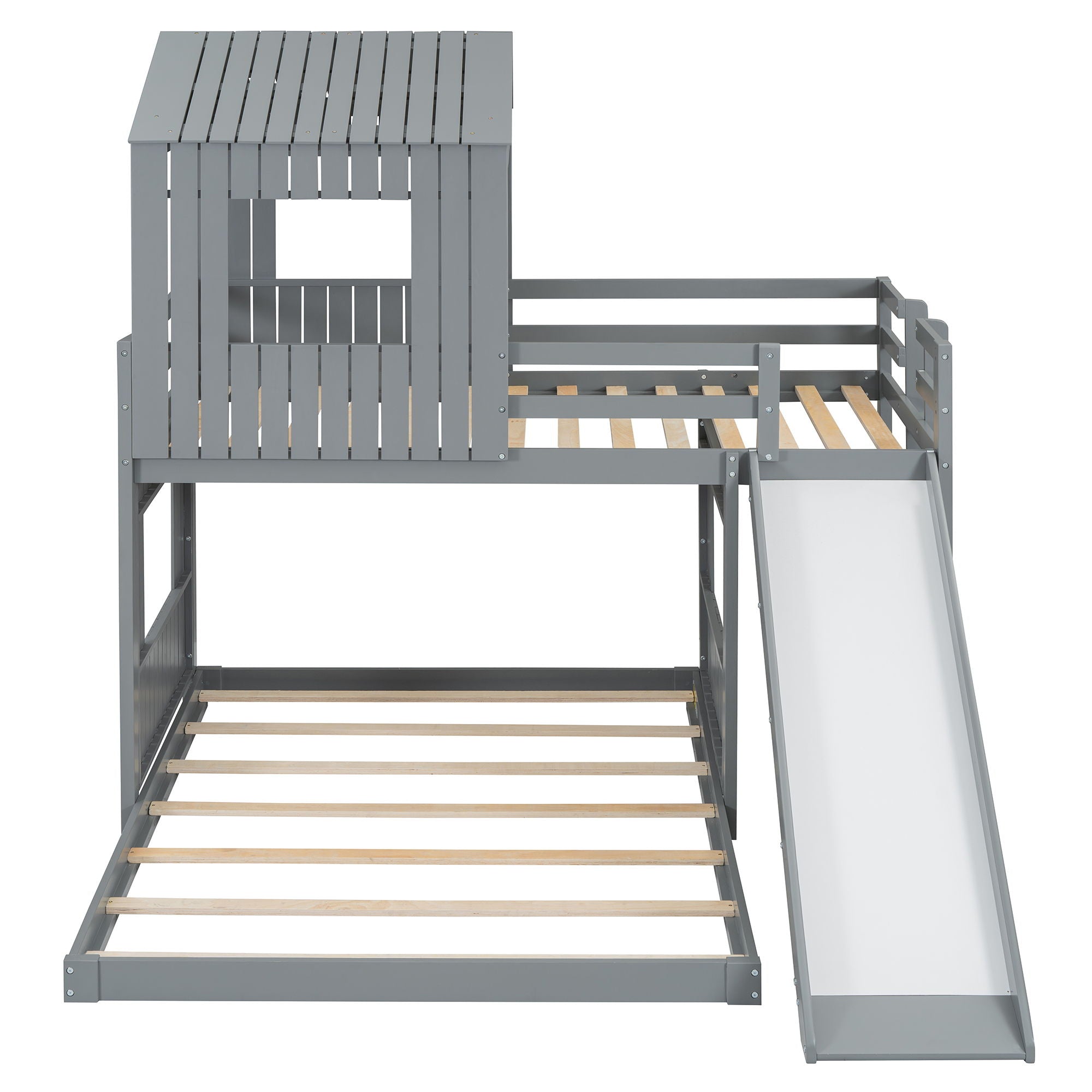 Loft Bunk Bed With Playhouse, Farmhouse, Ladder, Slide And Guardrails