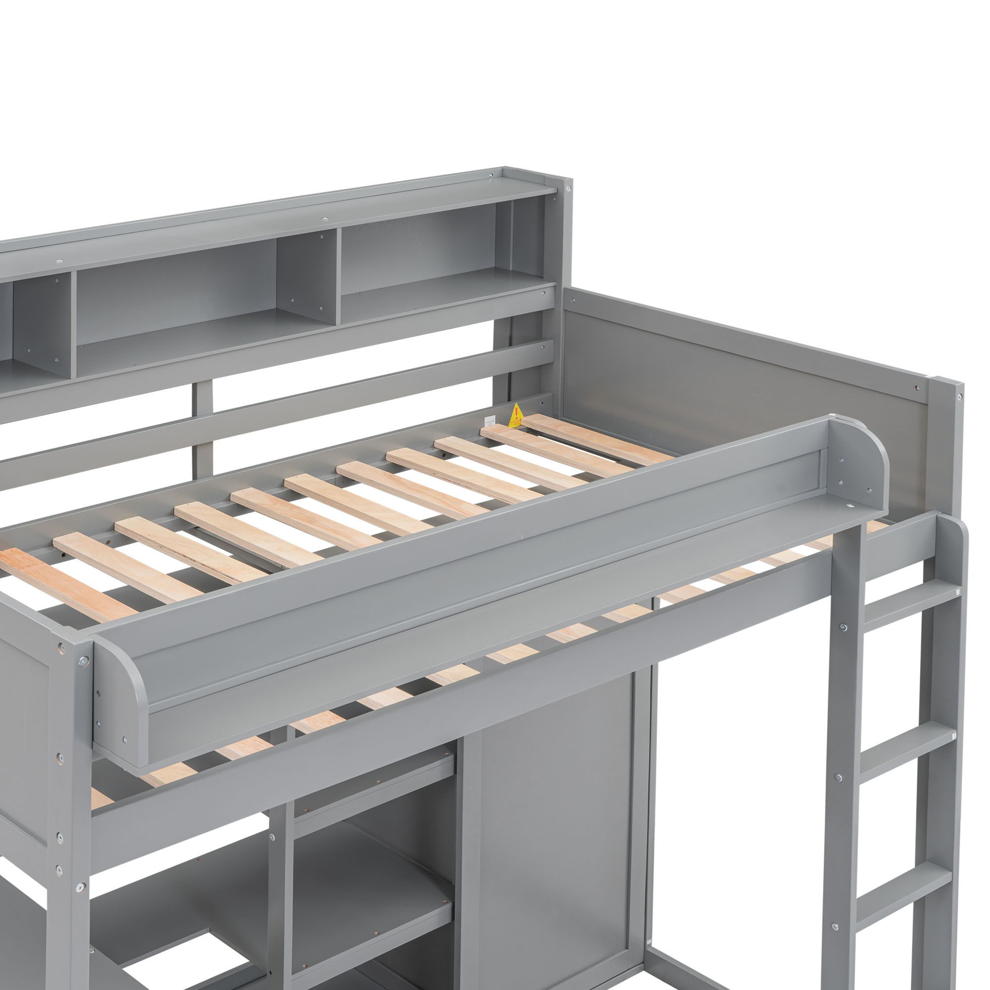 Loft Bed With Built In Desk, Storage Shelves, And Wardrobe