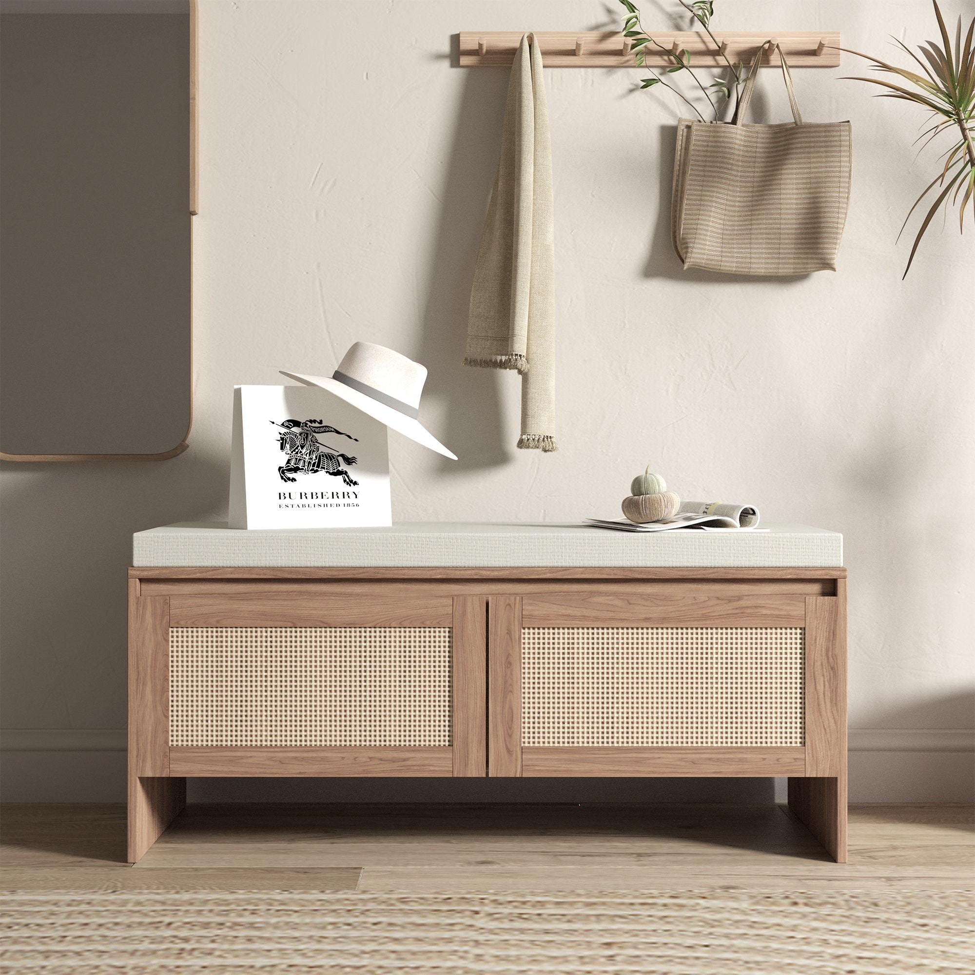 Storage Bench With Cushion, Shoe Cabinet With 2 Doors - Antique Natural / Rattan