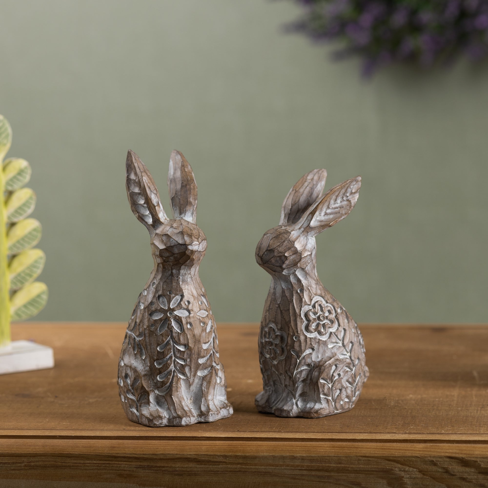 Floral Carved Rabbit Figurine (Set of 2)