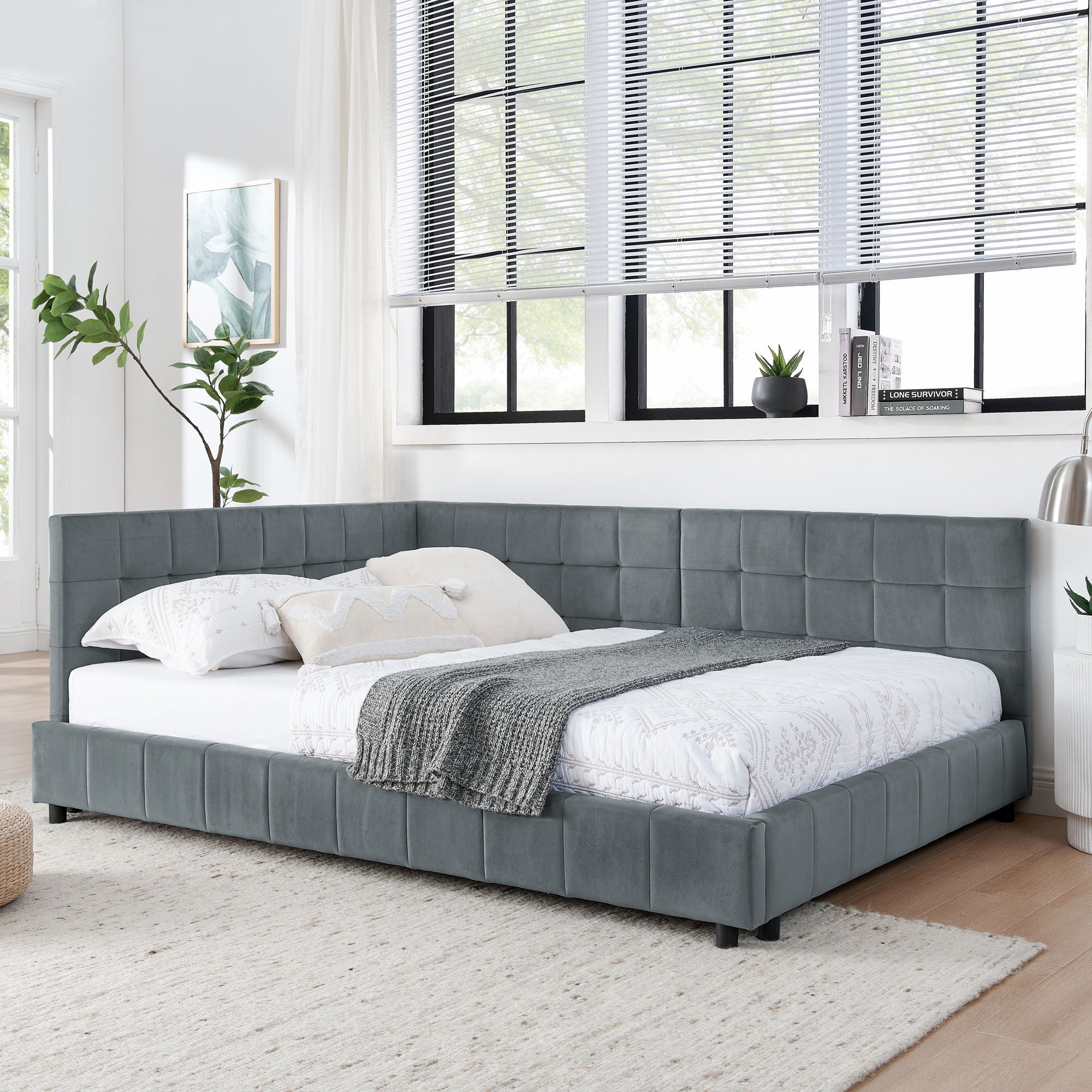 Mid-Century Storage Upholstered Tufted Bed Frame With Backrest And Armrests