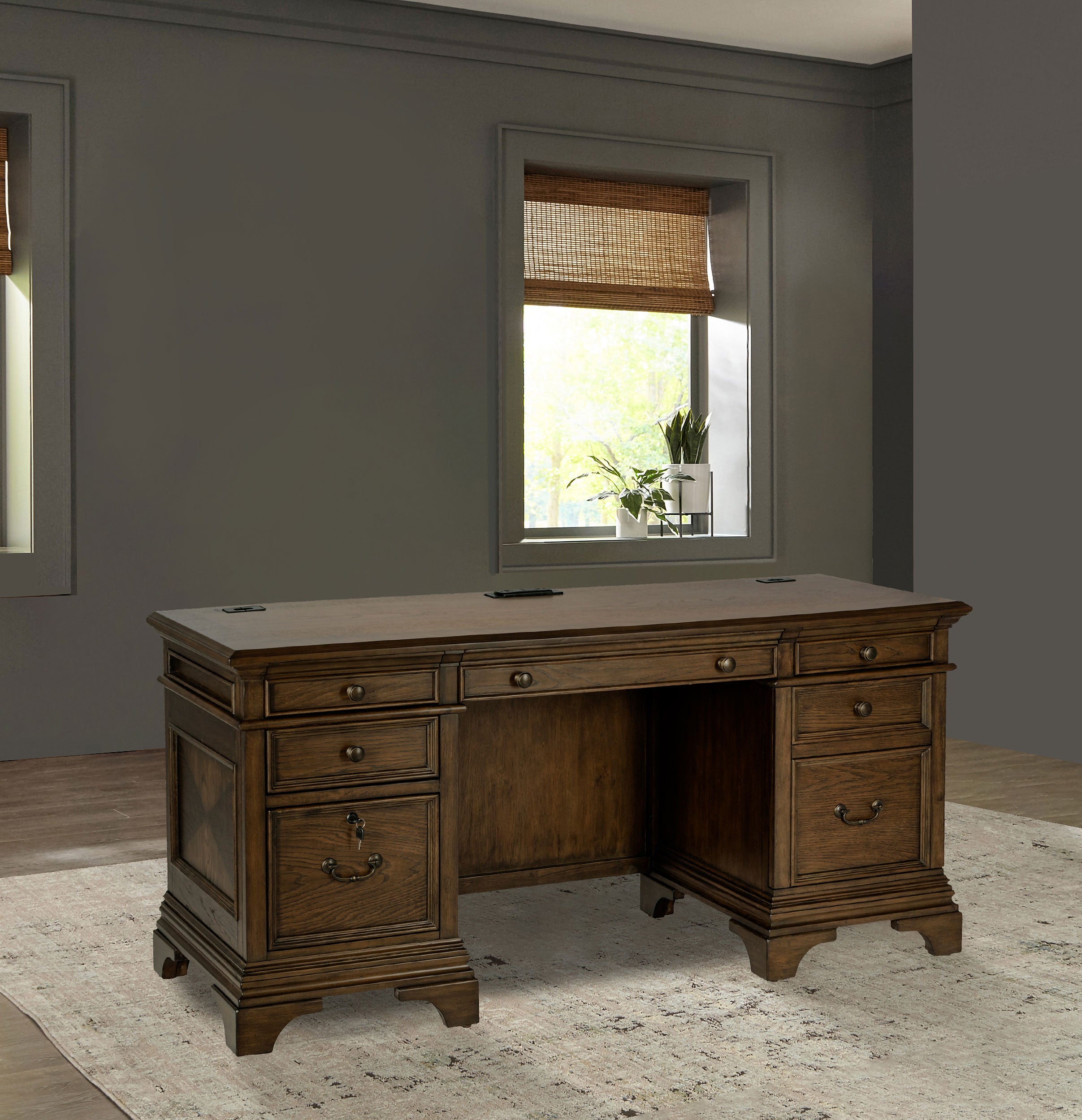 Hartshill 66-inch 5-drawer Credenza Office Desk Burnish Oak-CoasterElevations