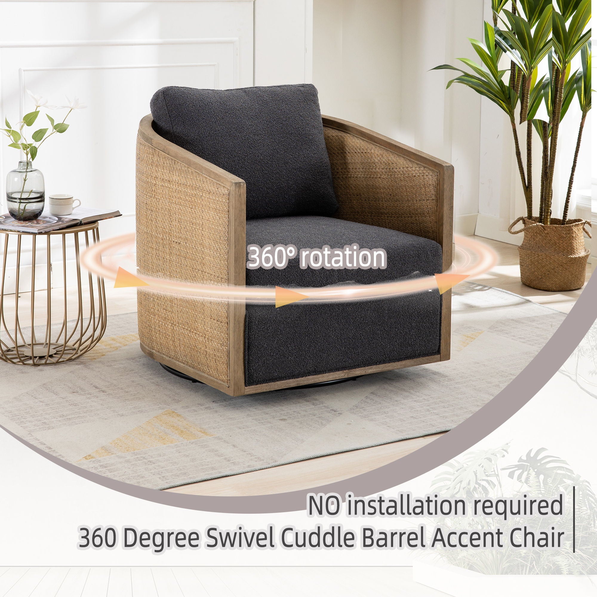 Barrel, Comfy Round Accent Sofa Chair With 360 Degree Swivel, Leisure Arm