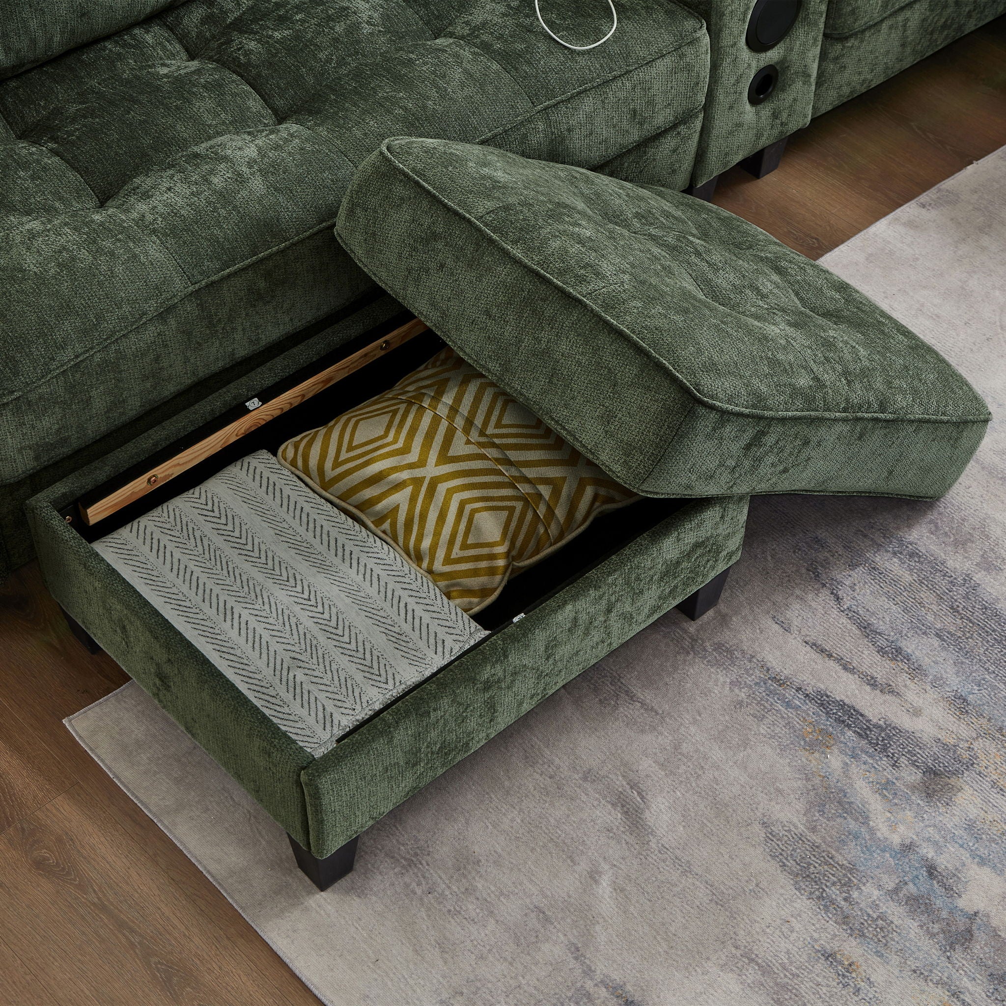 Modern Sectional Sofa U-Shaped With Movable Ottomans, Bluetooth Speakers, LED Lights And Modular Storage