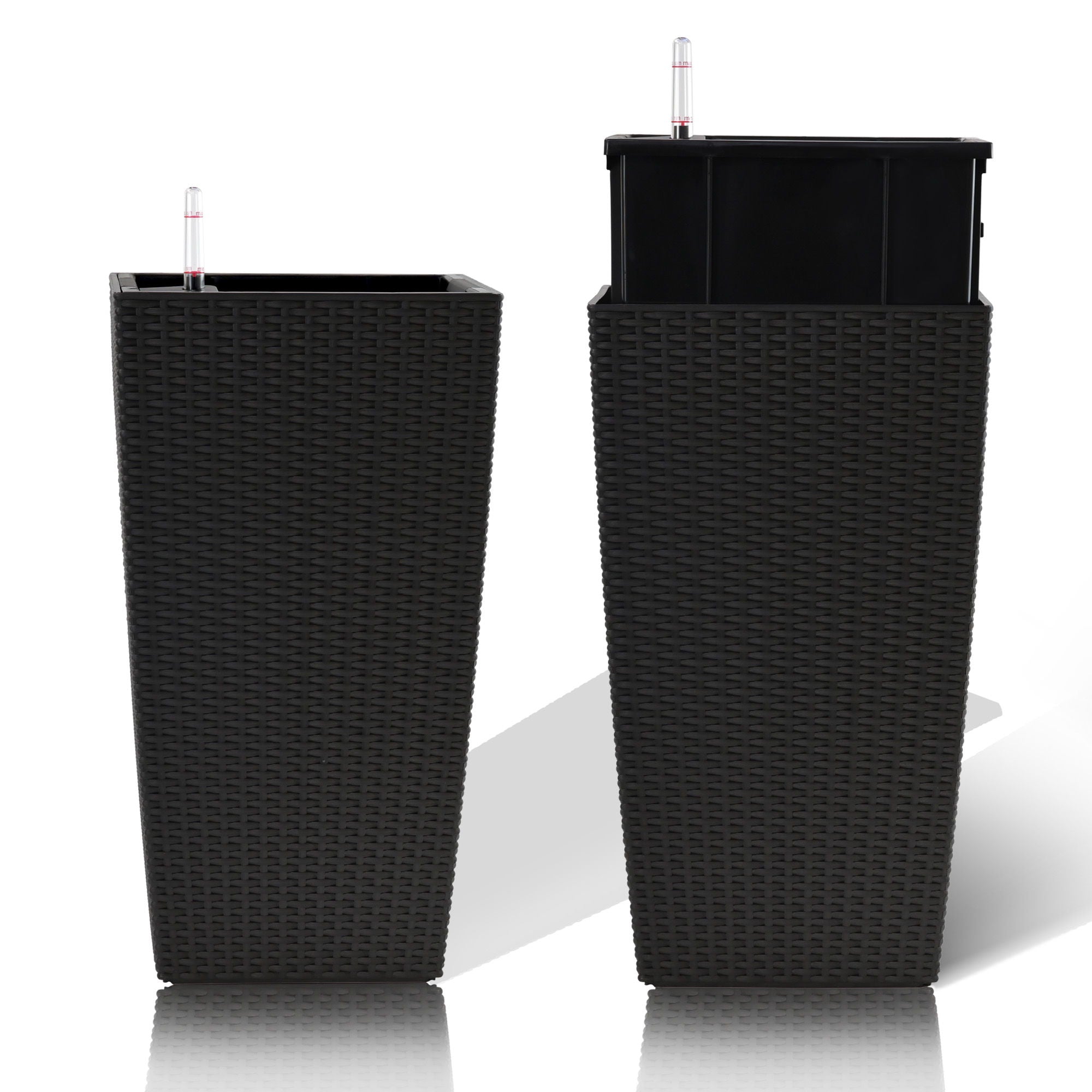 Elegant Square Planter With Automatic Watering System, Faux Rattan Design, Polypropylene (Set of 2) - Black